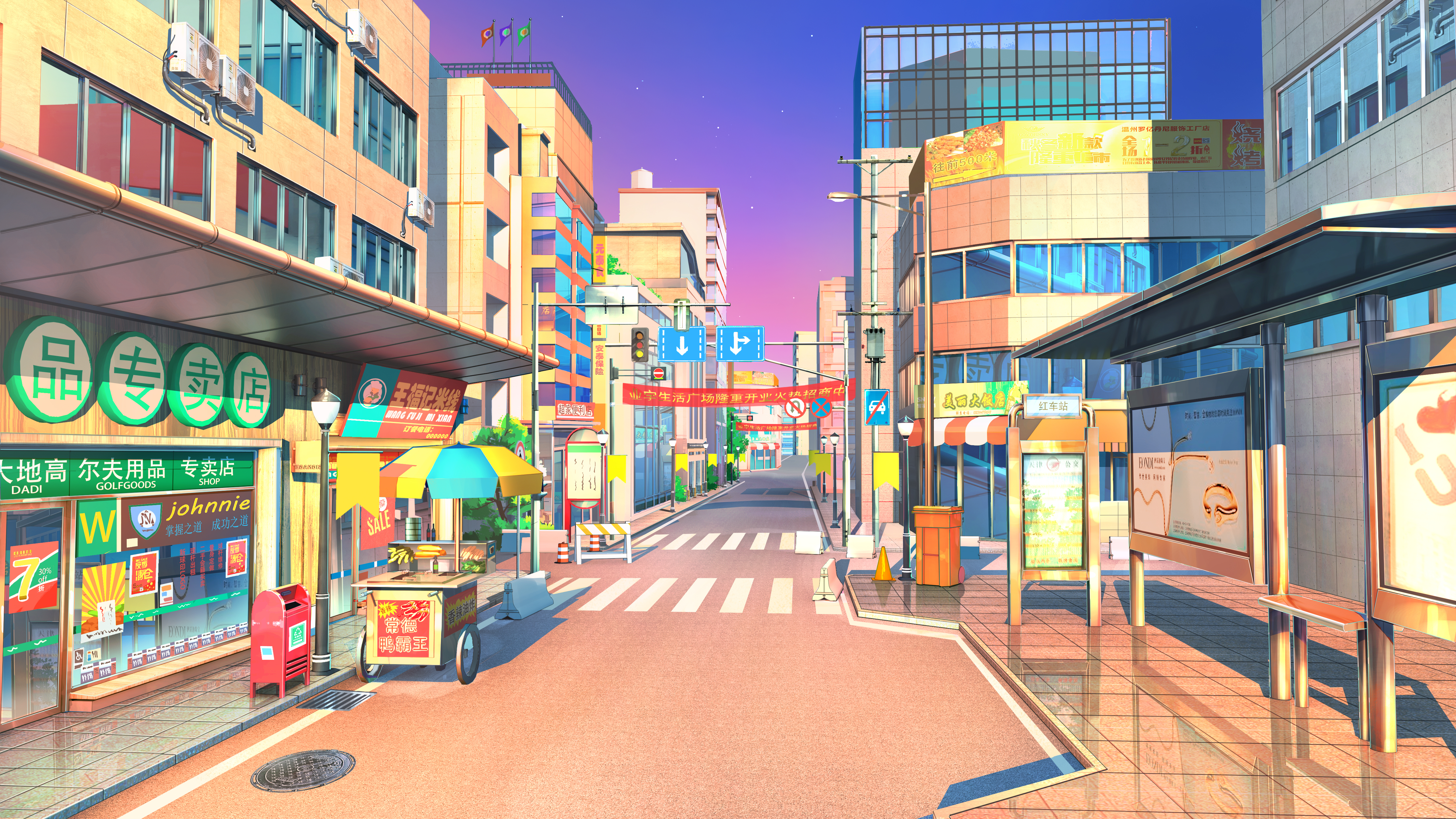 唯美AI艺术 街道 道路 建筑 商店 日落 桌面壁纸 5000×2813