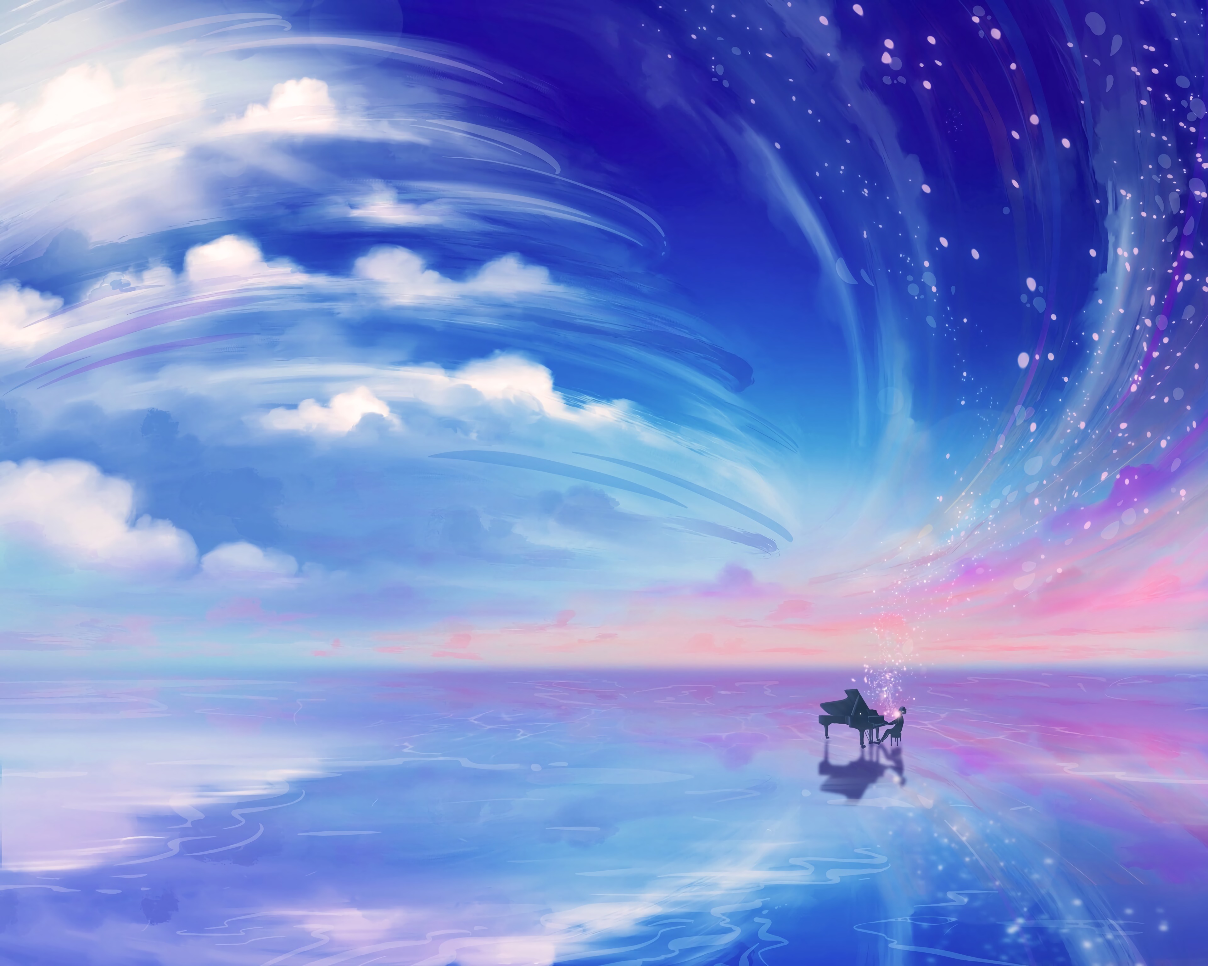 动漫 动漫男孩 AI艺术 奇幻艺术 钢琴 云彩 天空 无水印壁纸 3840×3070