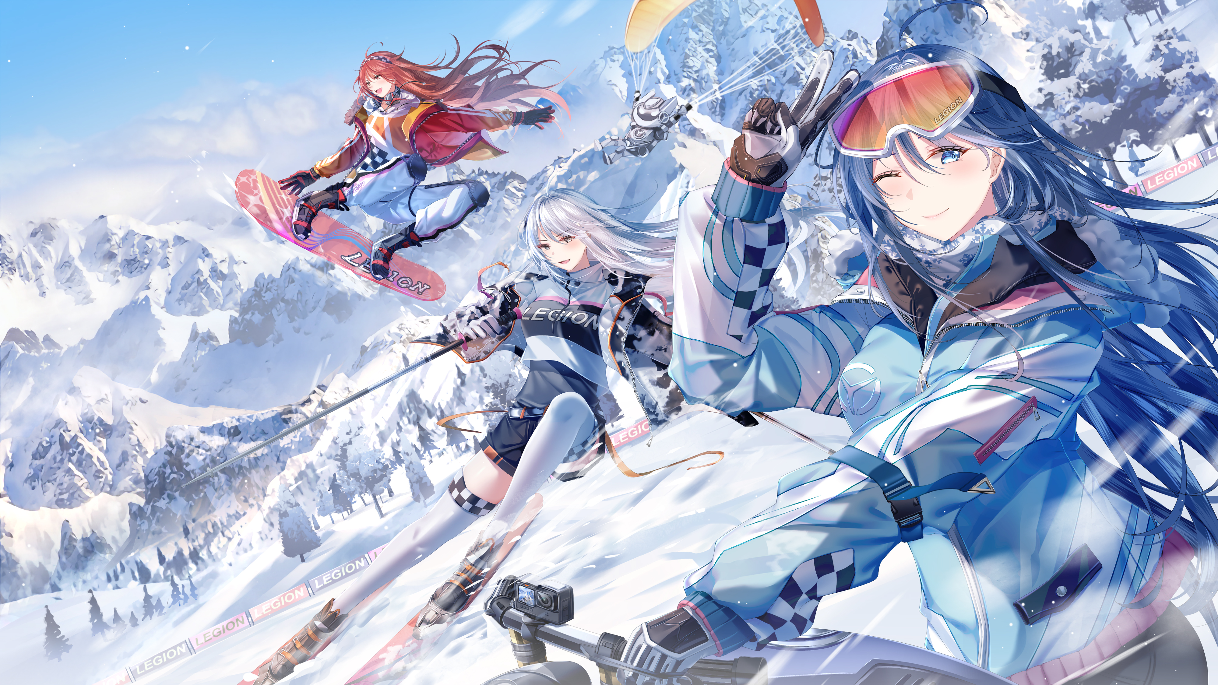 白发 滑雪 冬天 动漫女孩 跳台 动漫 艺术作品 雪山 桌面壁纸 4000×2250