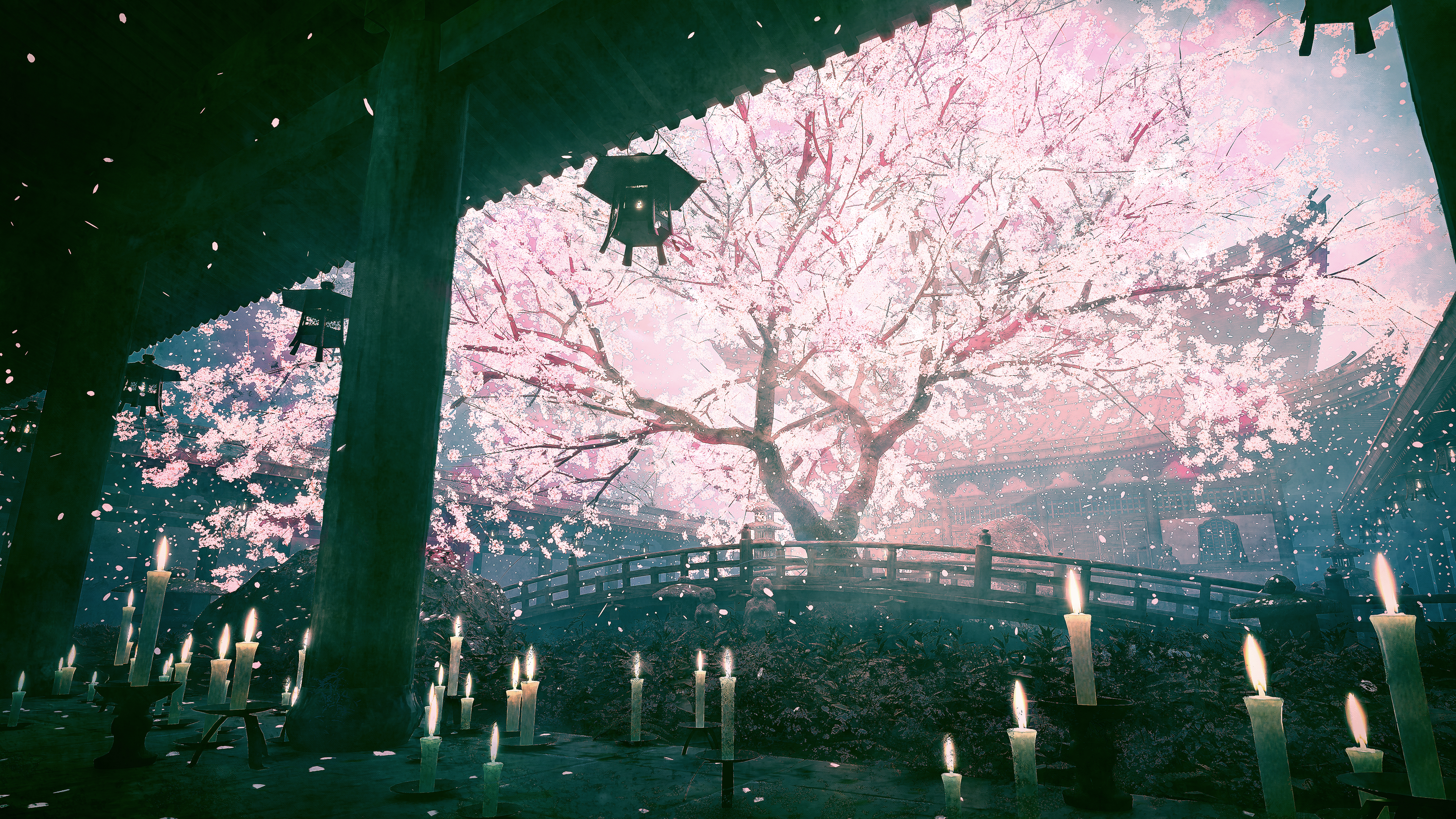 精选寺庙 樱花 禅宗花园 蜡烛 手机壁纸 3840×2160