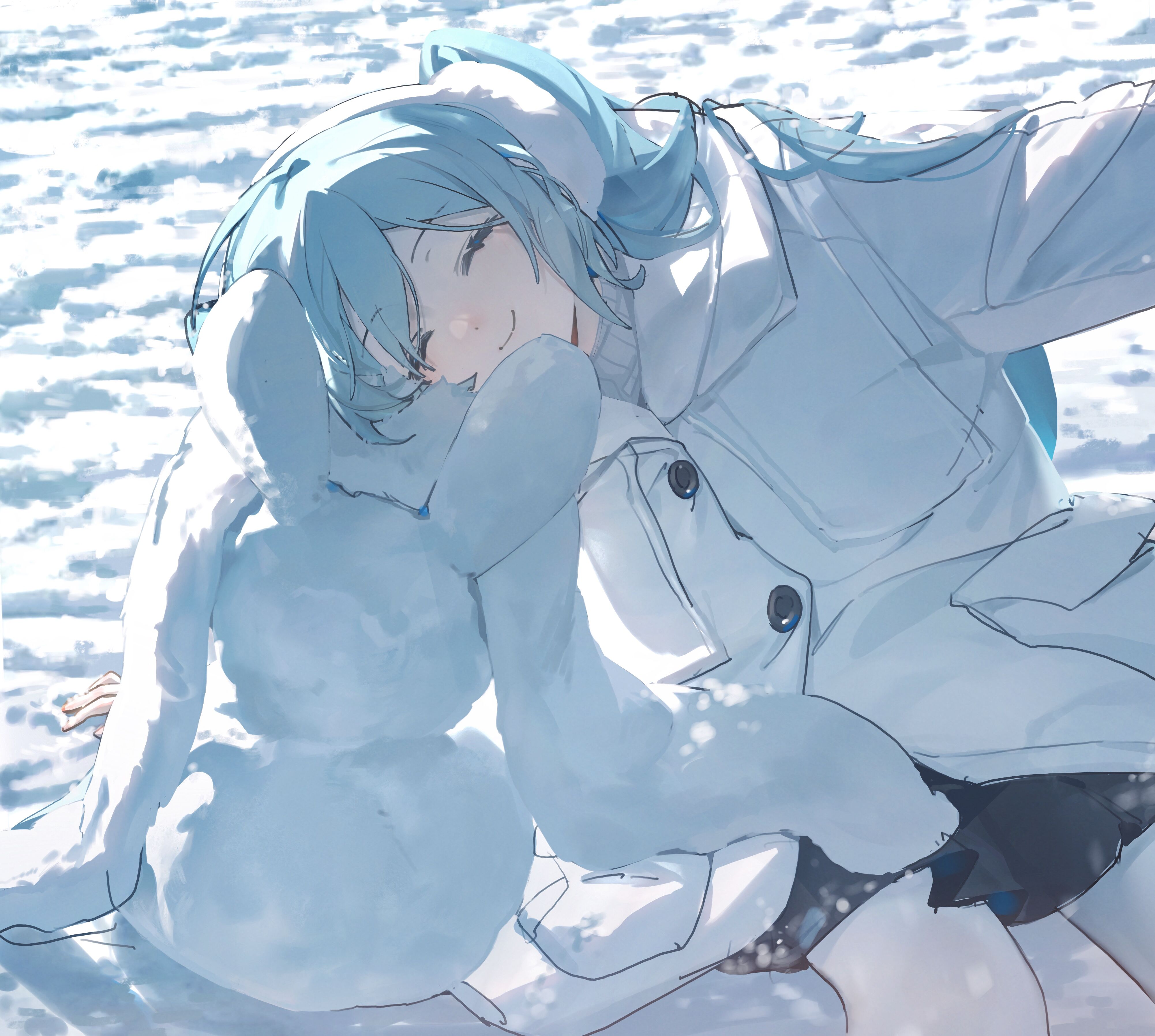 闭眼 微笑 外套 动漫 雪 动漫女孩 耳罩 初音 小提琴 冬天 兔子 4K高清壁纸 4004×3590