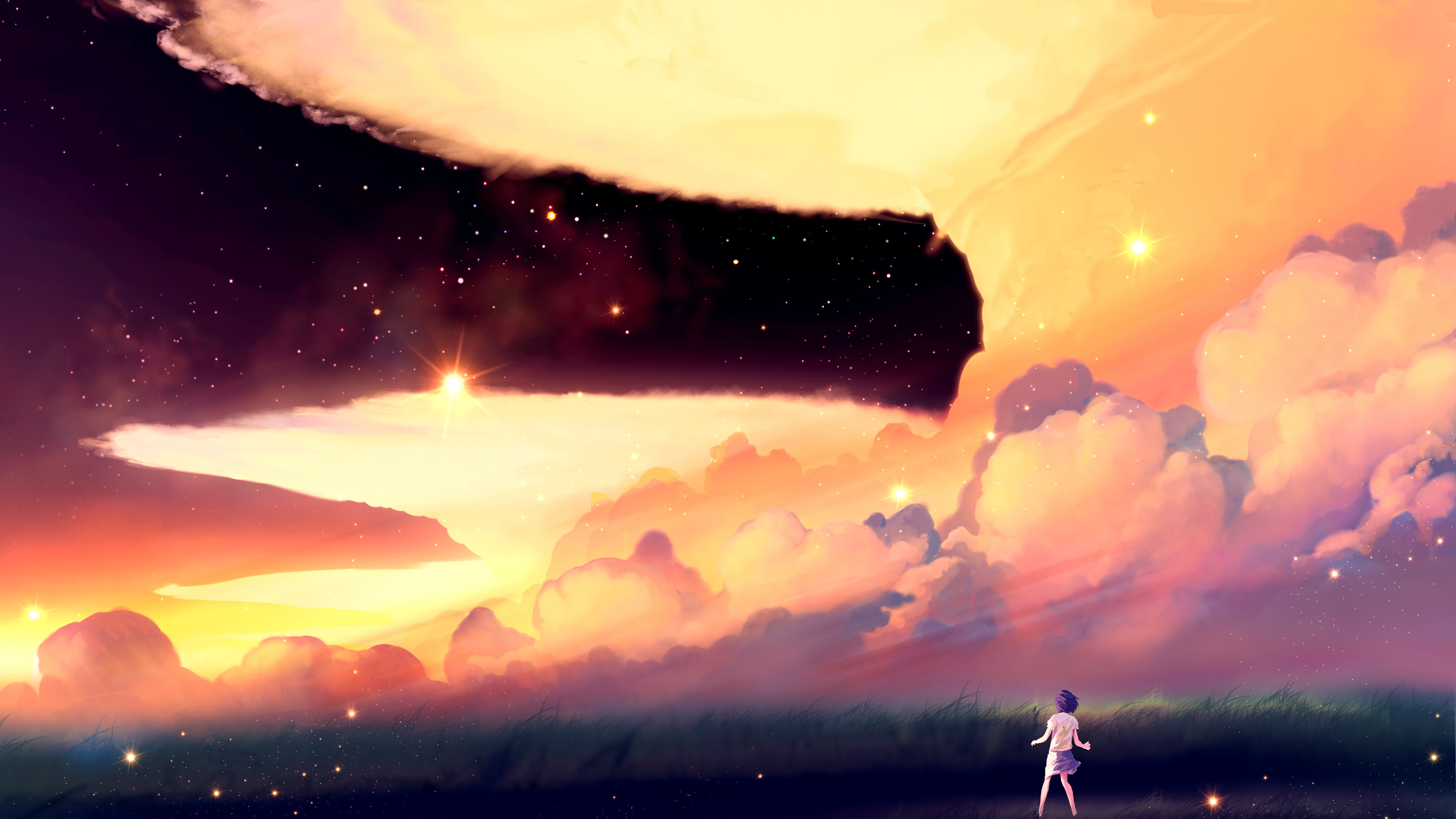 短发 空间 星星 奇幻艺术 风景 动漫女孩 动漫 天空 云 草 场 4K高清壁纸 4000×2250