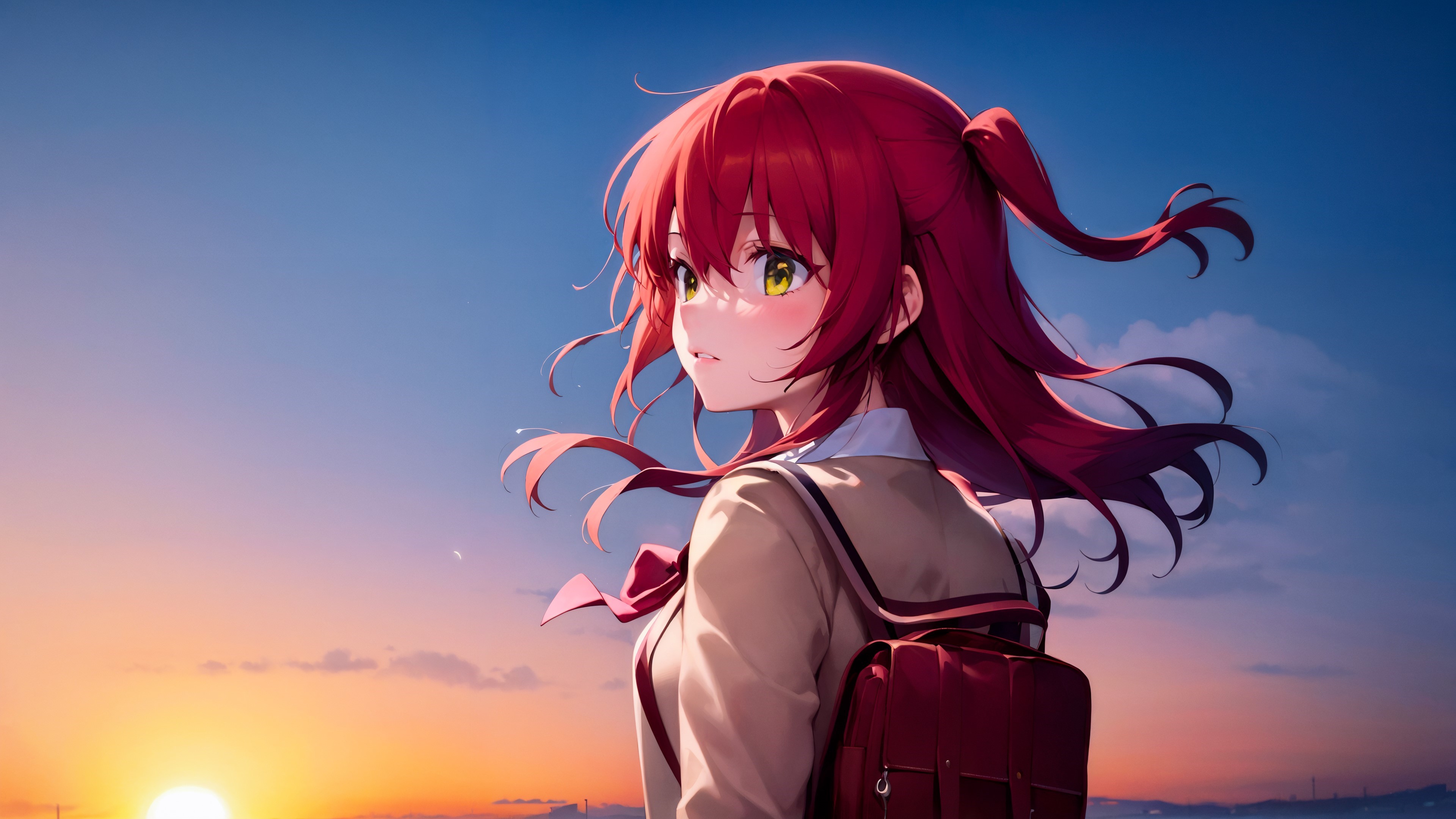 唯美红头发 绿眼睛 女学生 动漫女孩 艺术 动漫 校服 背包 太阳 日落 夕阳辉光 天空 无水印壁纸 3840×2160
