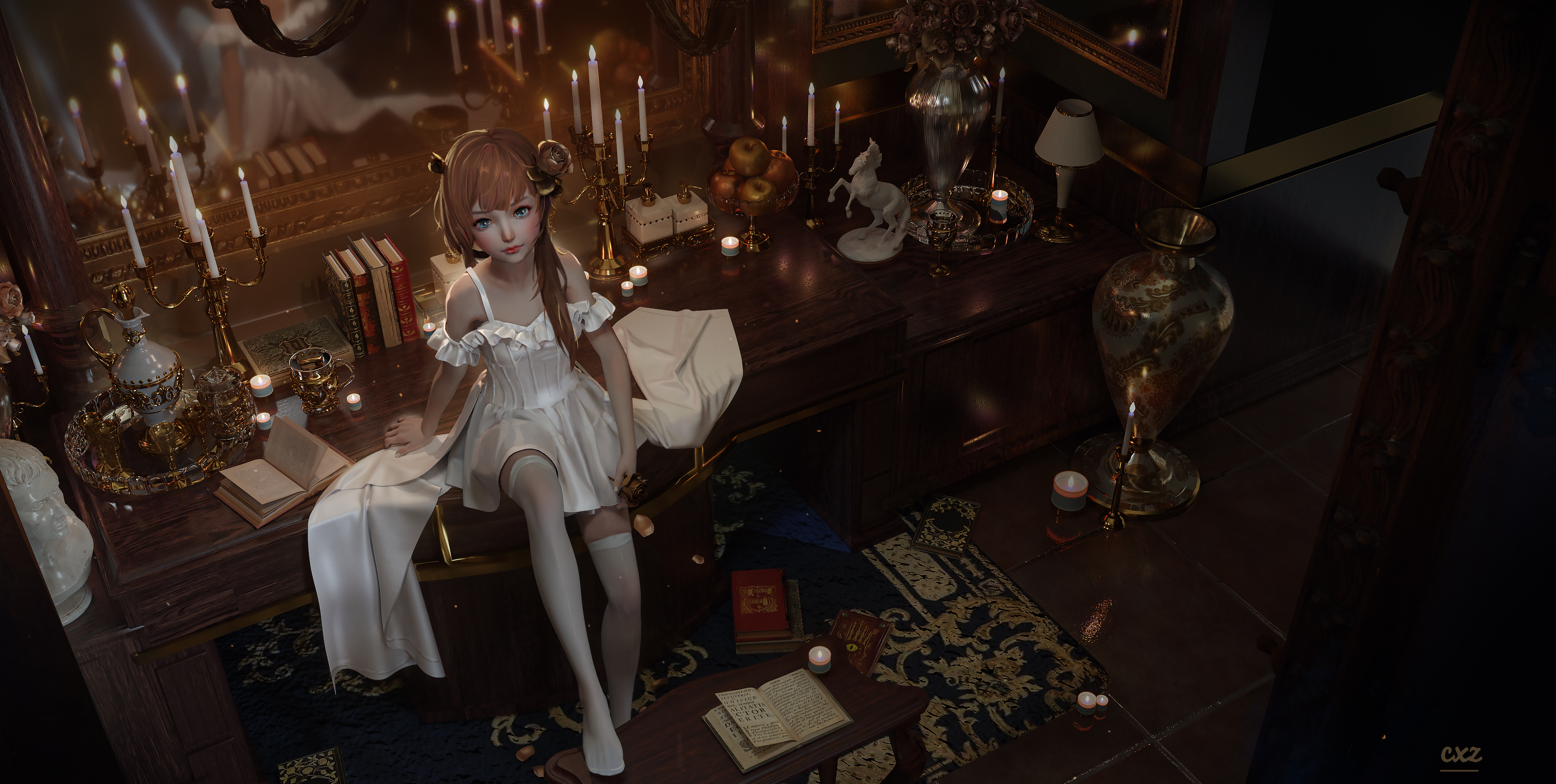 女人 长发 梦幻女孩 书籍 蜡烛 台灯 袜子 AI艺术 高清壁纸 4284×2160
