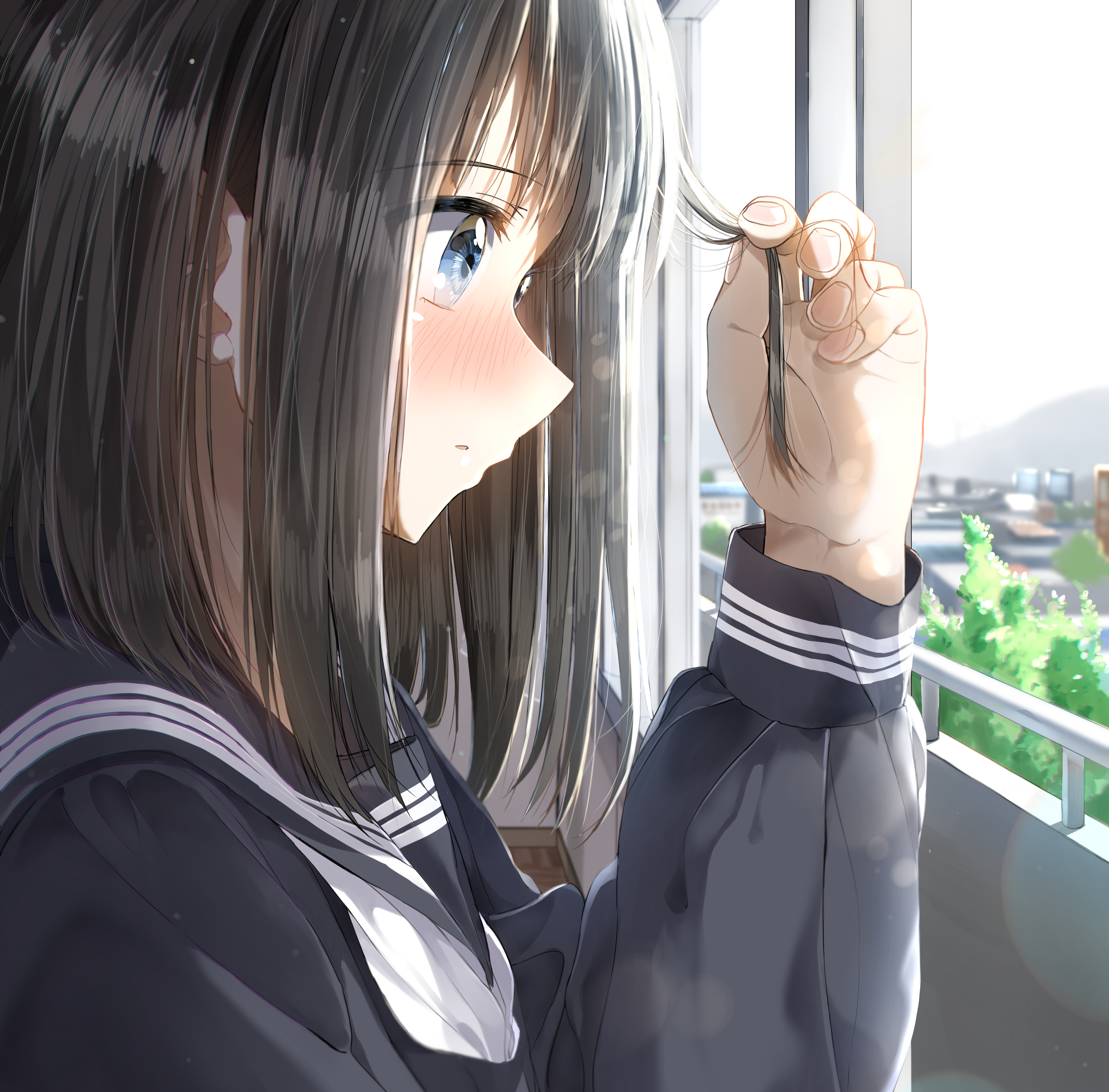 蓝眼睛 脸蛋 动漫 动漫女孩 AI艺术 校服 黑发 特写 壁纸 4517×4448