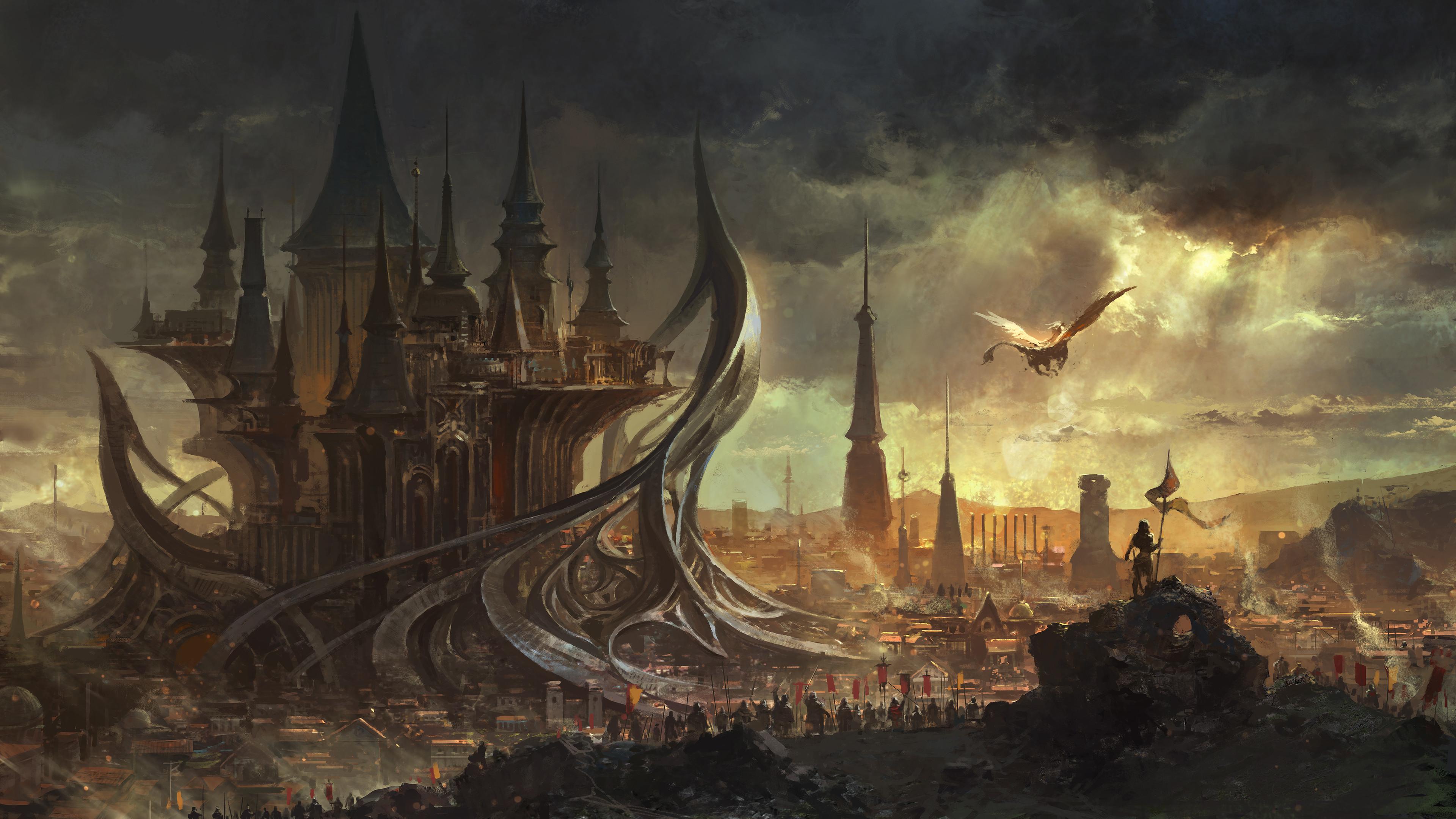 绝美梦幻艺术 梦幻城市 天空 云彩 阳光 城市景观 手机壁纸 3840×2161