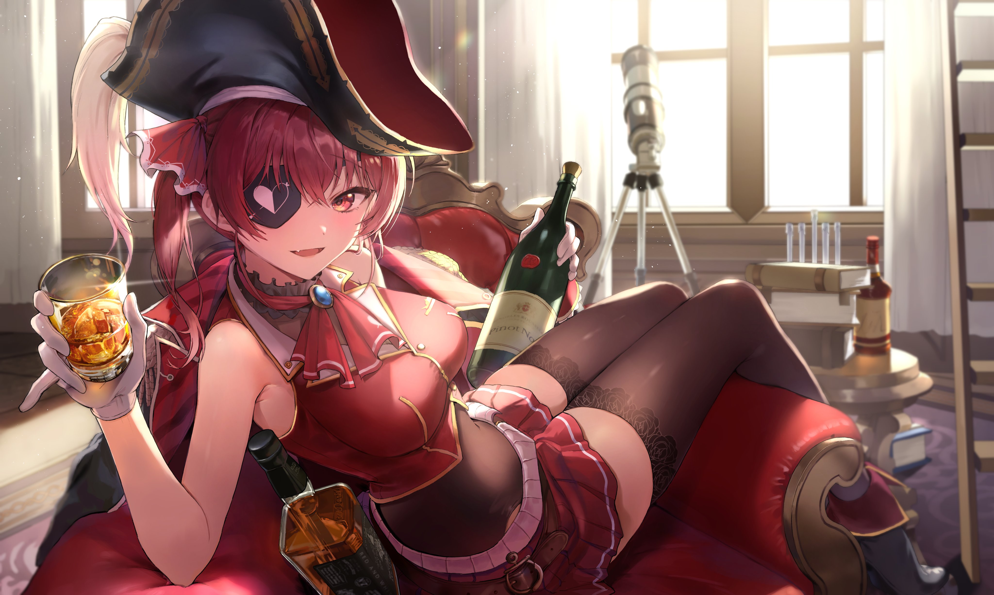 热门海洋 动漫 动漫女孩 红酒 眼罩 礼服 酒杯 沙发 高清壁纸 4096×2451