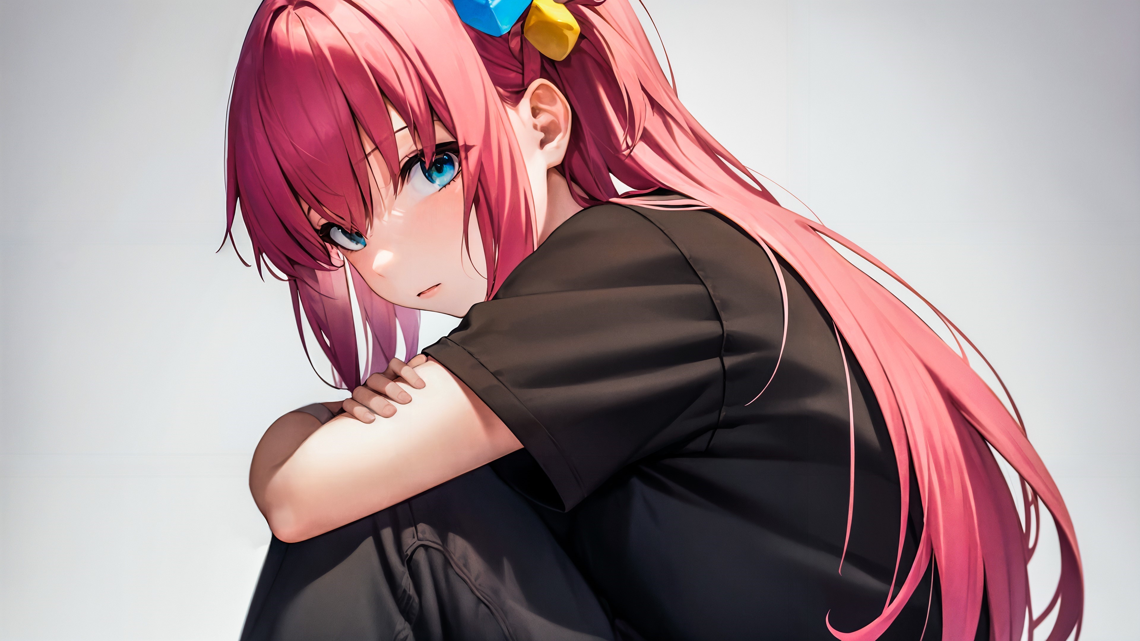 绚丽动漫女孩 抱腿 坐着 红色头发 壁纸 3840×2160