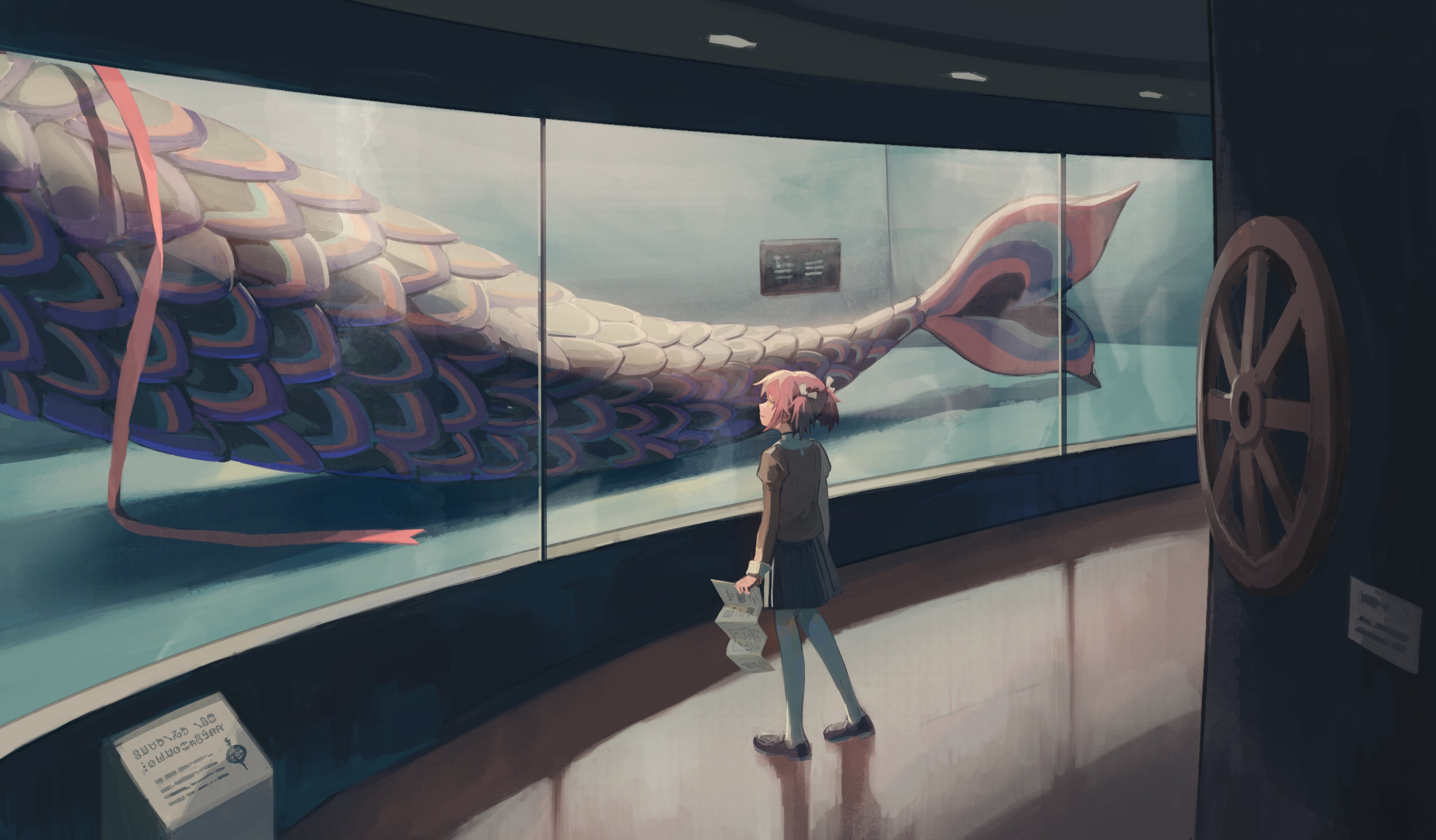 热门粉色头发 动漫 动漫女孩 水族馆 鱼 高清壁纸 4096×2397