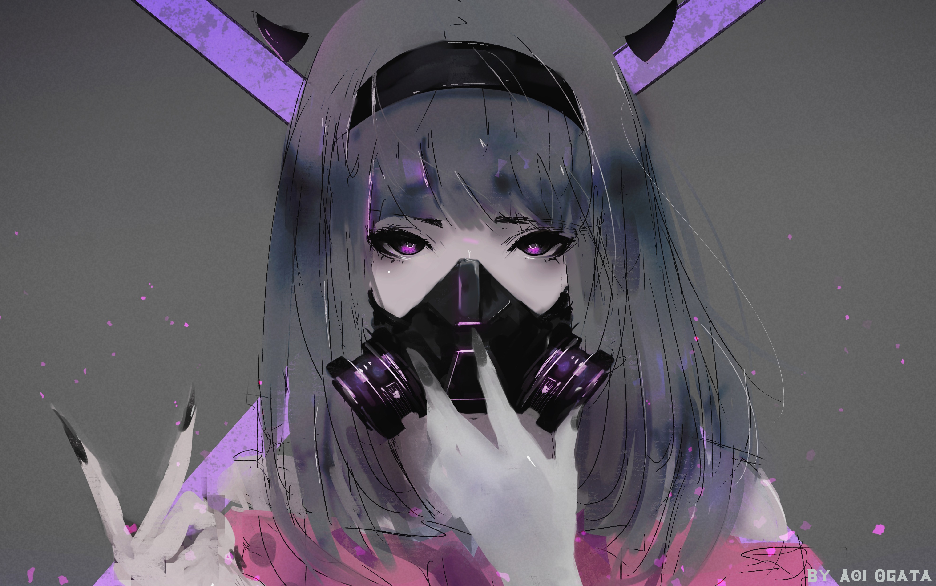 原创人物 深色头发 看观众 动漫 动漫女孩 防毒面具 头巾 紫色眼睛 指甲油 长指甲 深色背景 壁纸 3976×2488