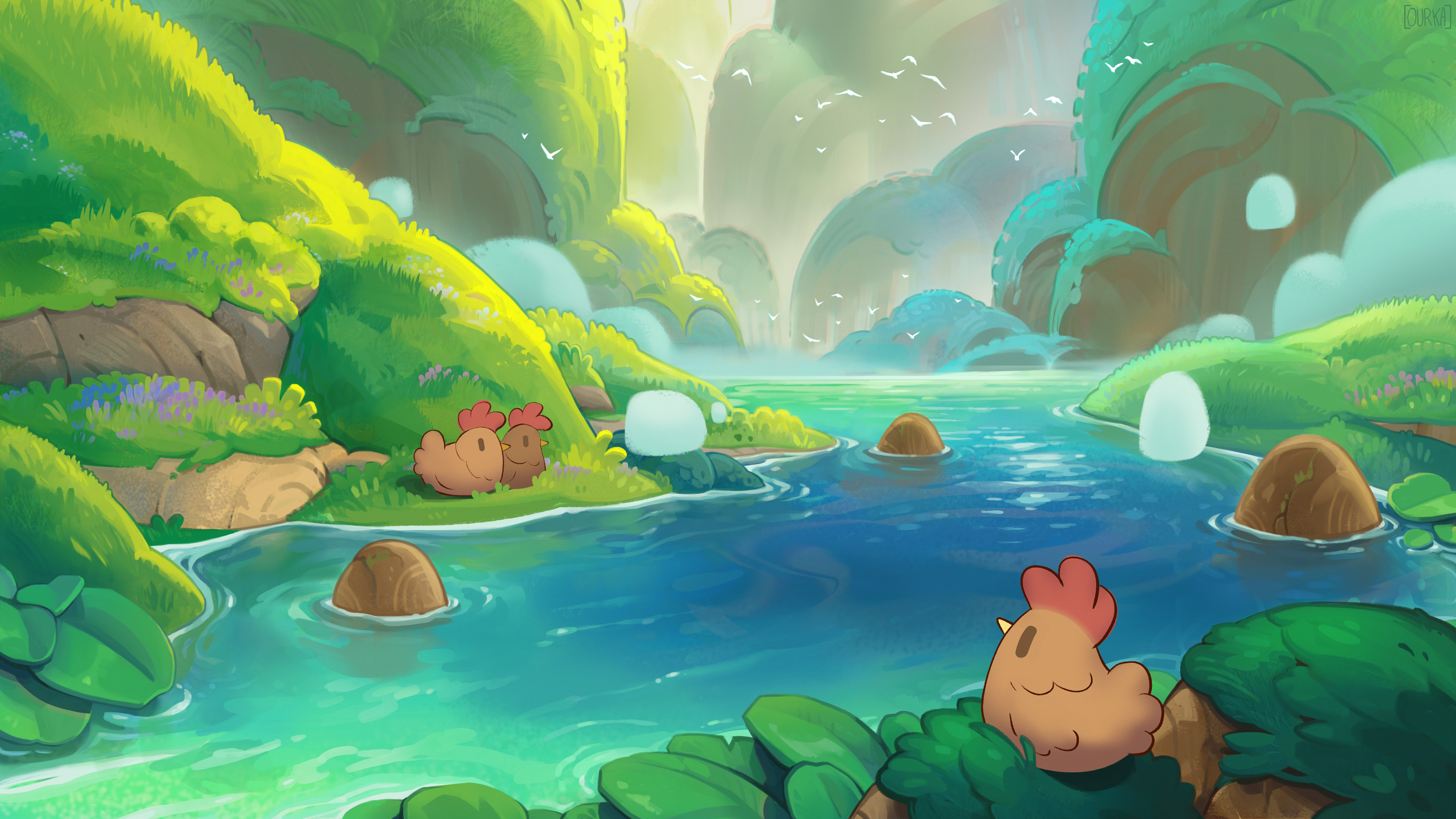 热门河流 石头 鸡 艺术 AI艺术 水 自然 动物 森林 高清壁纸 3840×2160