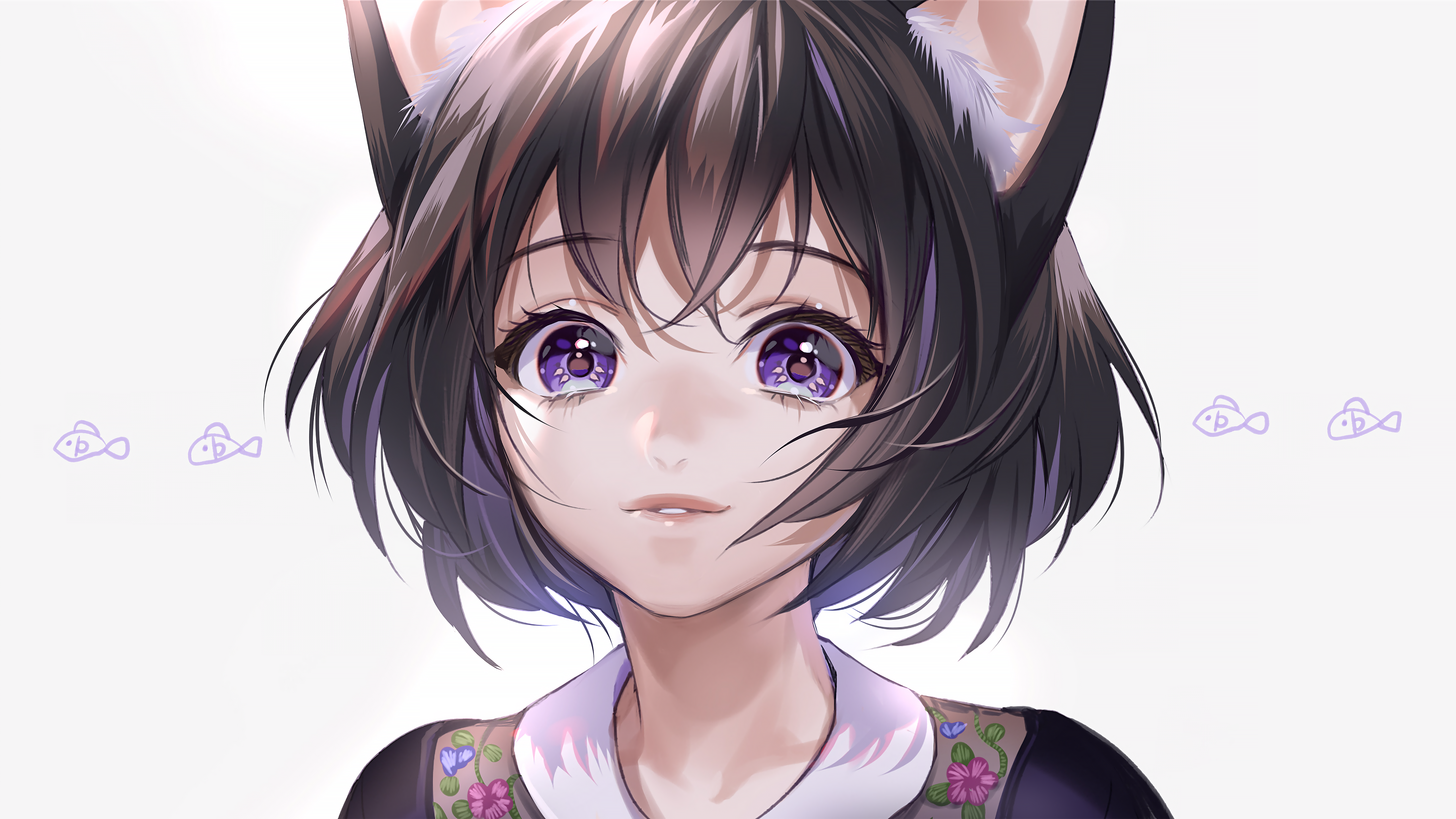猫女孩 微笑 动漫 动漫女孩 猫耳朵 黑发 紫色眼睛 白色背景 壁纸 5120×2880
