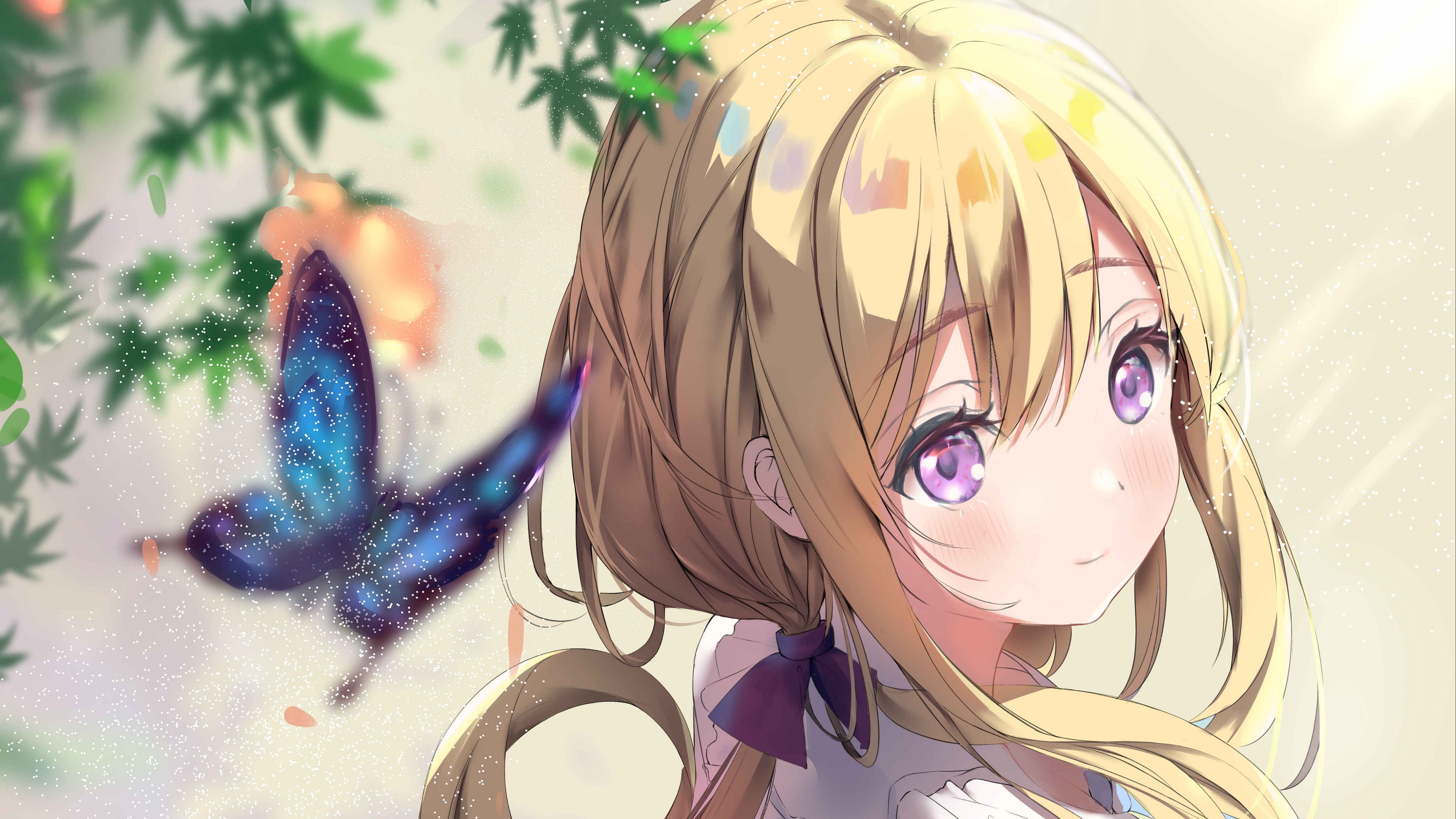 金发 动漫 动漫女孩 蝴蝶 紫色眼睛 壁纸 3840×2160