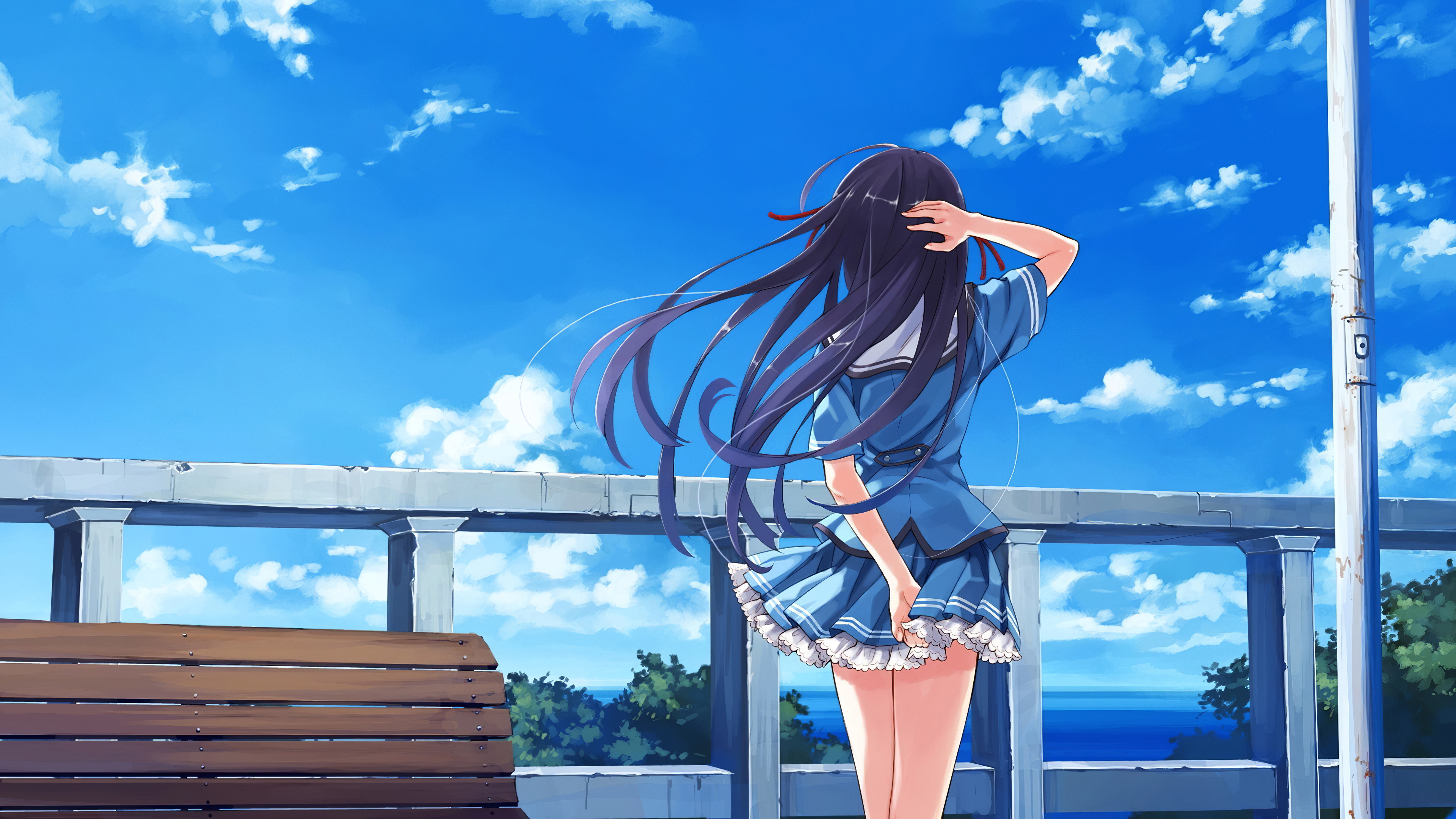 超清女学生 动漫 动漫女孩 AI艺术 天空 云 校服 桌面壁纸 3840×2160