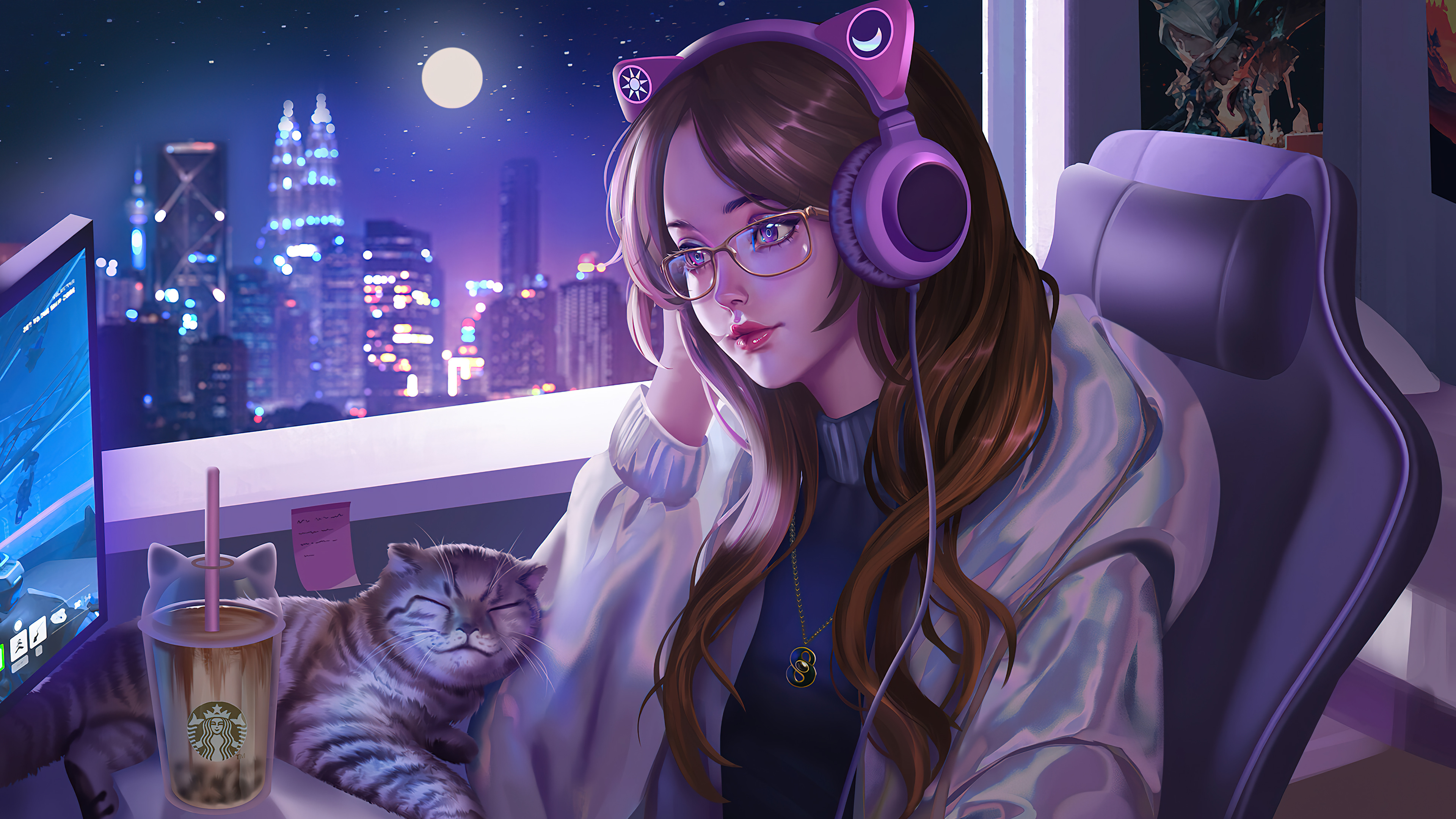 动漫女孩 猫 耳机 月亮 灯 眼镜 4K高清壁纸 3840×2160