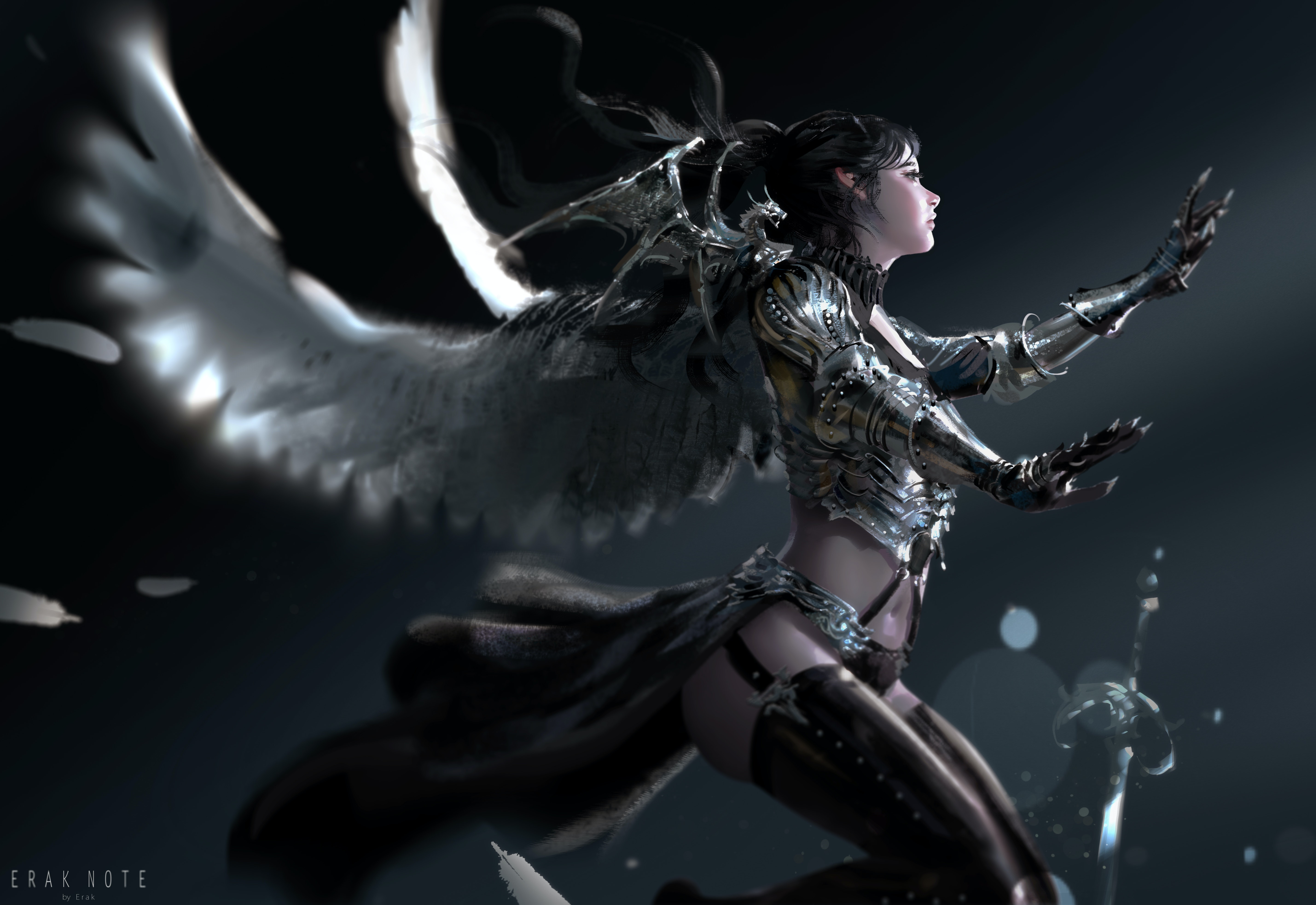女人 奇幻女孩 黑发 战士 AI艺术 插图 奇幻艺术 翅膀 盔甲 无水印壁纸 5717×3931
