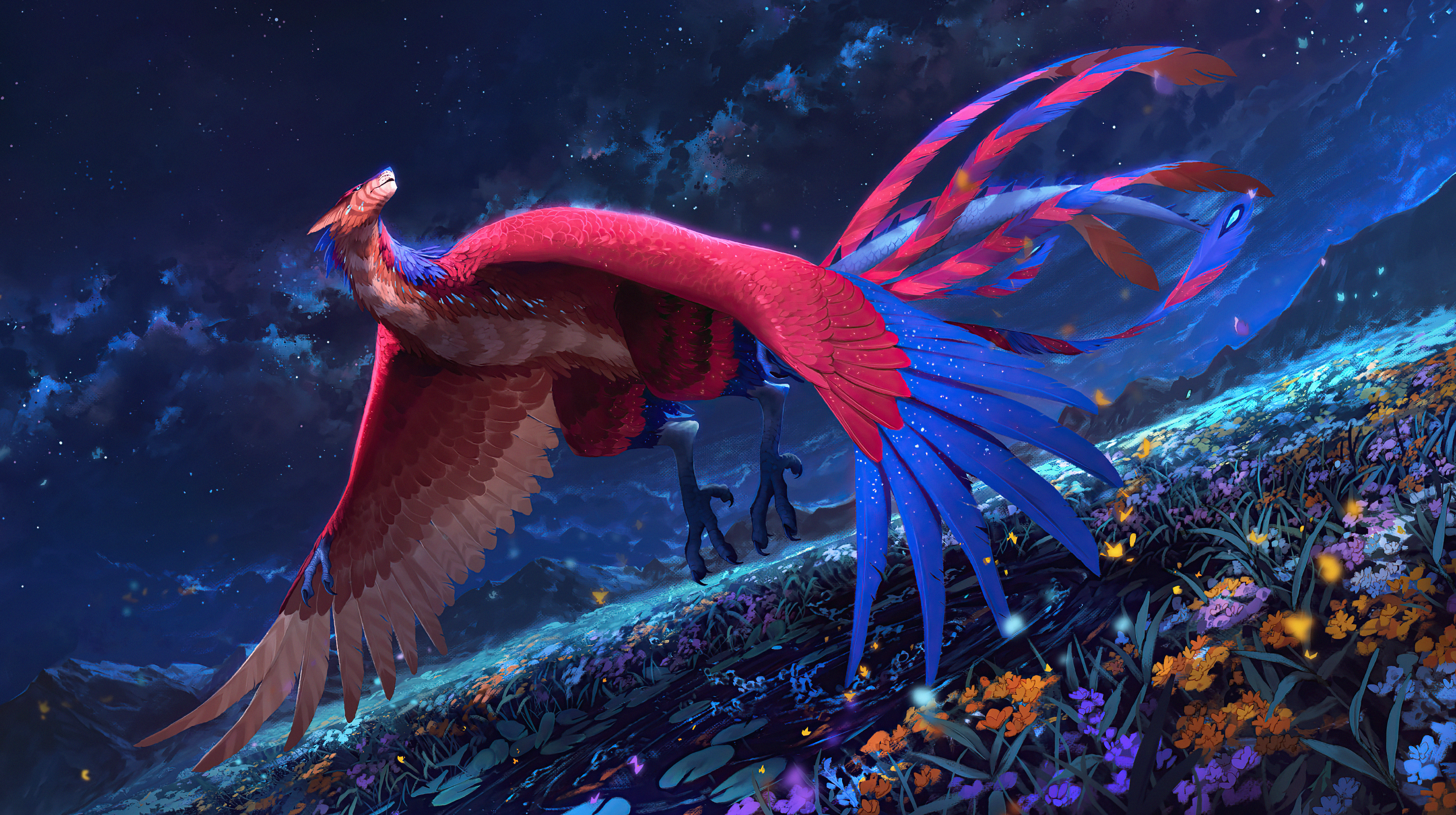 热门AI艺术 梦幻鸟 梦幻艺术 生物 花 天空 星星 风景 翅膀 鸟 无水印壁纸 5120×2870