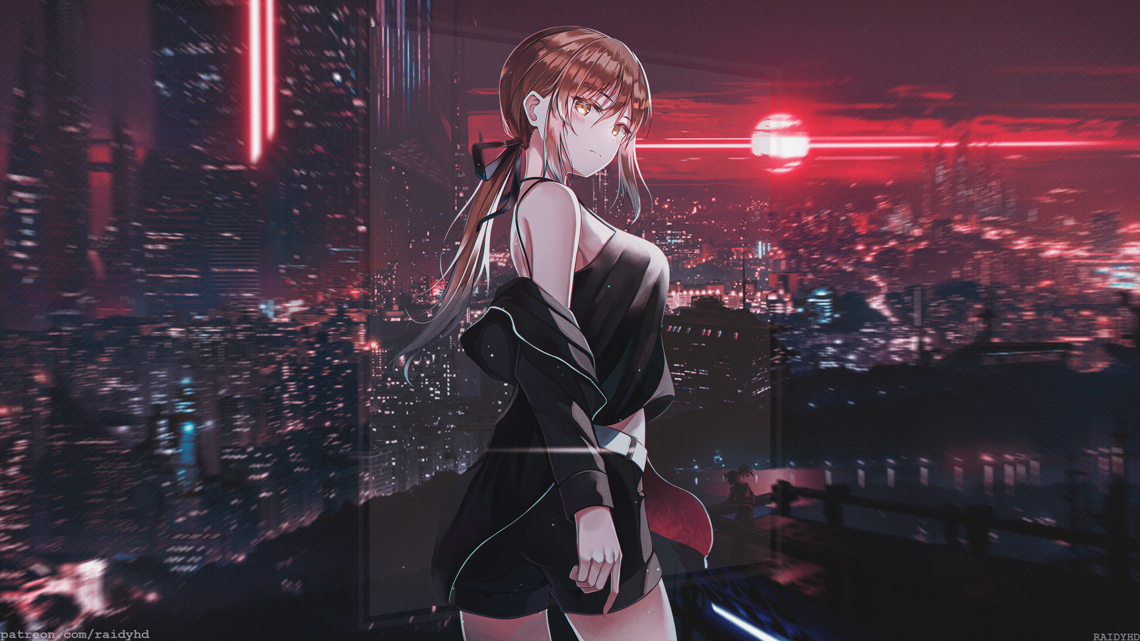 黑发 马尾辫 动漫 动漫女孩 画中画 城市灯光 短裤 壁纸 3840×2160