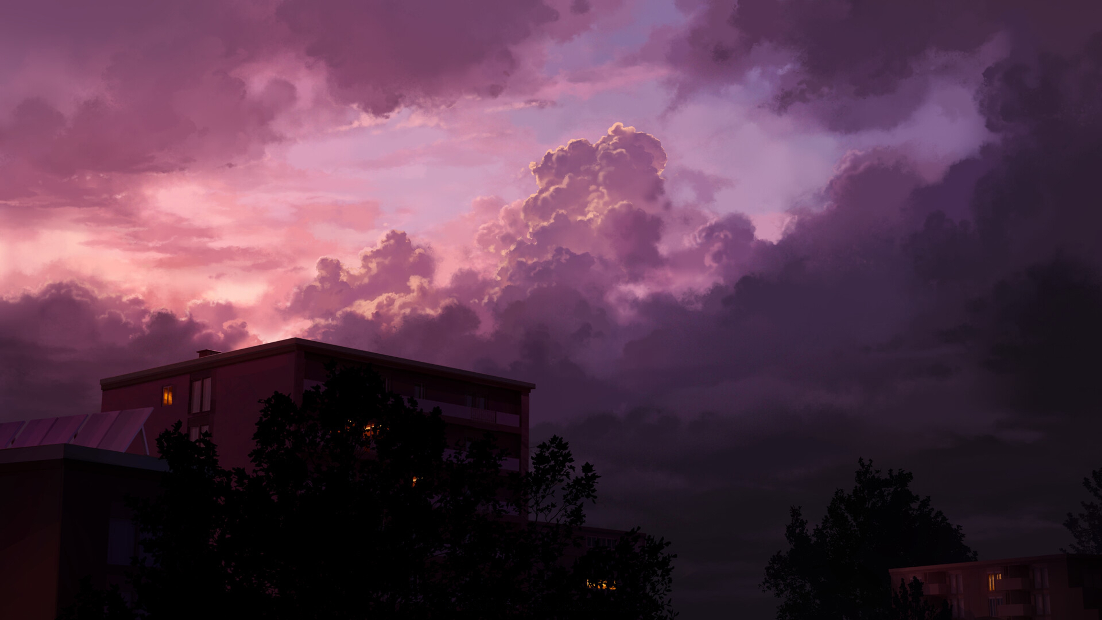 AI艺术 插图 云 暴风雨后 傍晚 剪影 树木 建筑 天空 4K壁纸 3840×2160