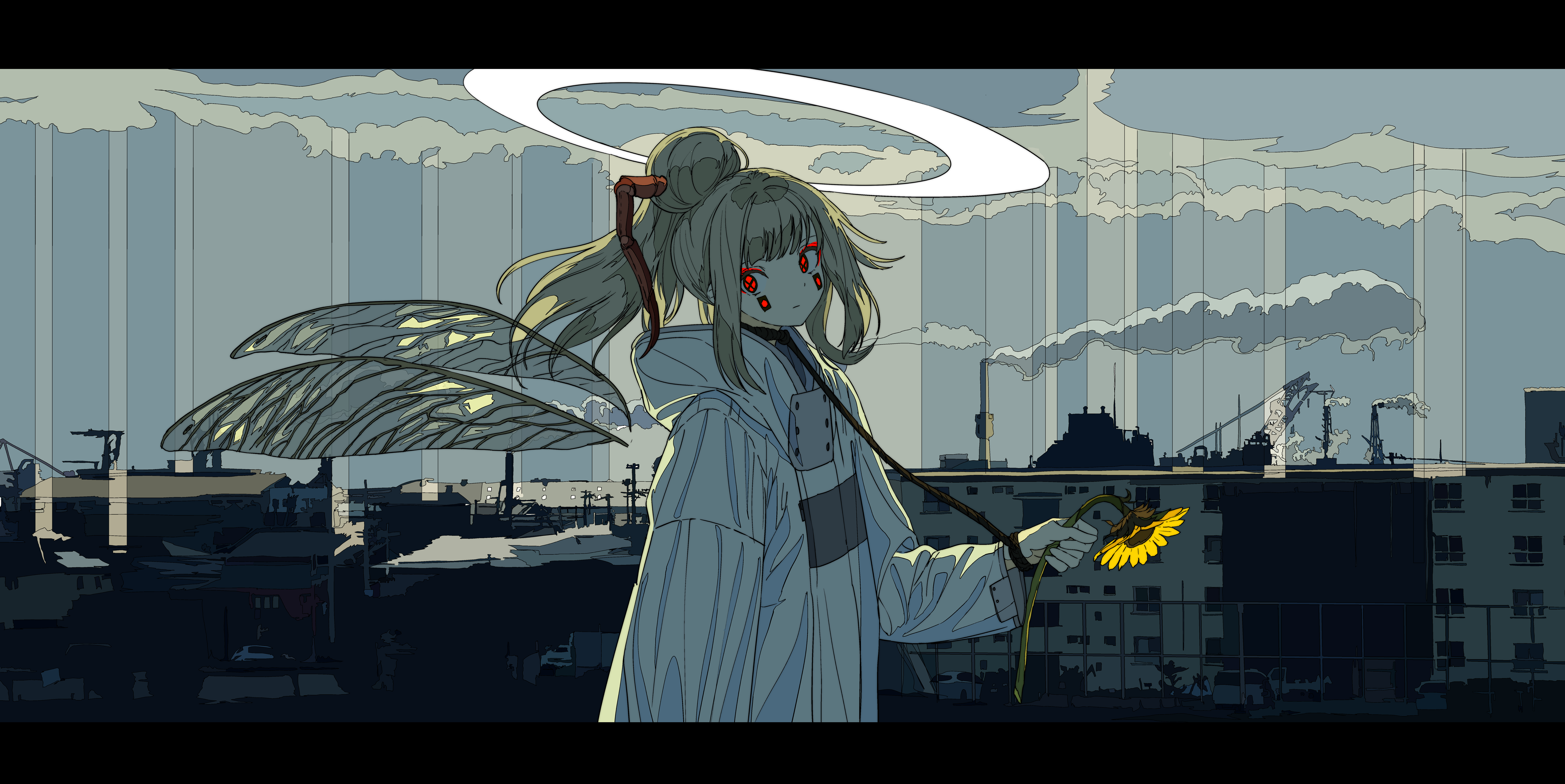 原创人物 女人 长发 红眼睛 奇幻女孩 动漫女孩 翅膀 绳子 向日葵 城市 城市景观 建筑 地平线 云 素描 AI艺术 插图 动画 超宽 4K壁纸 10000×5012