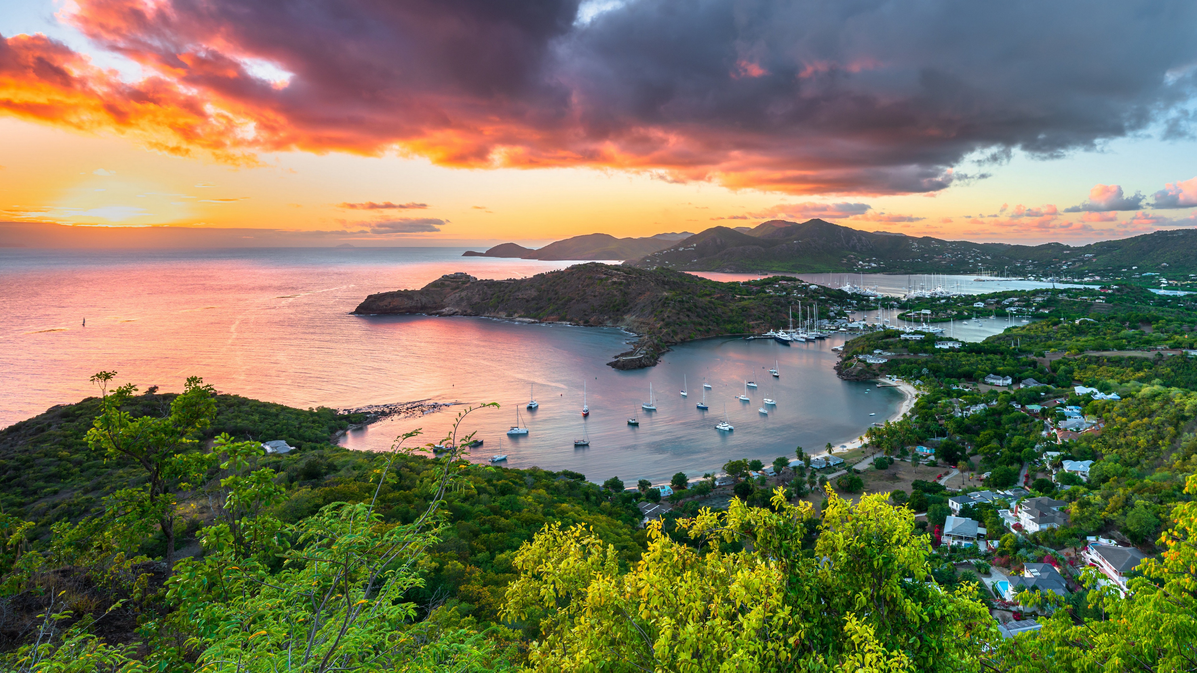 热门岛屿 海 海湾 自然 城市 天空 日落 云彩 船 景观 水 晚霞 高清壁纸 3840×2160