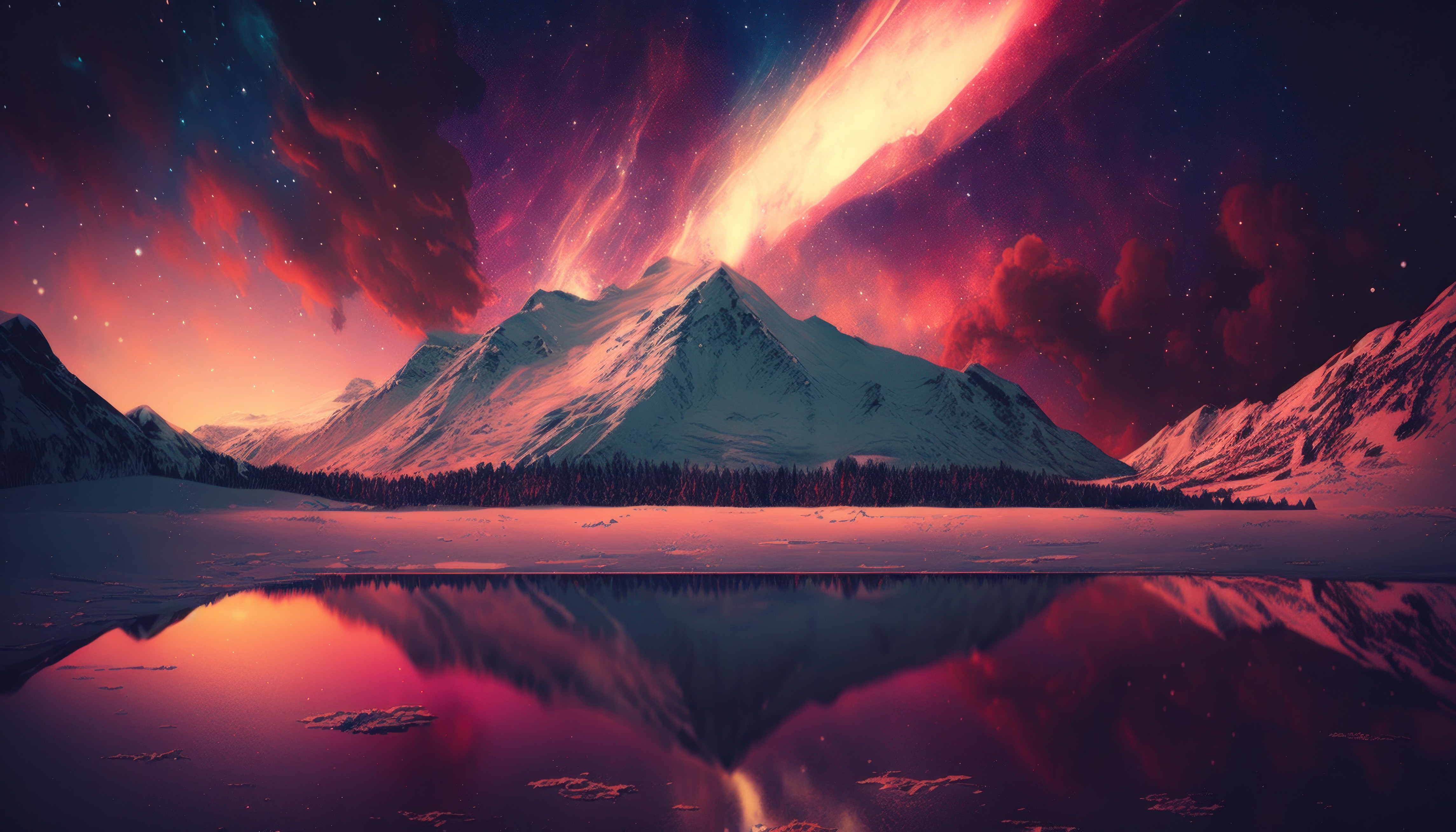 艺术 插图 风景 山 湖 冬天 雪 水 星星 星空 天空 云 4K壁纸 4579×2616