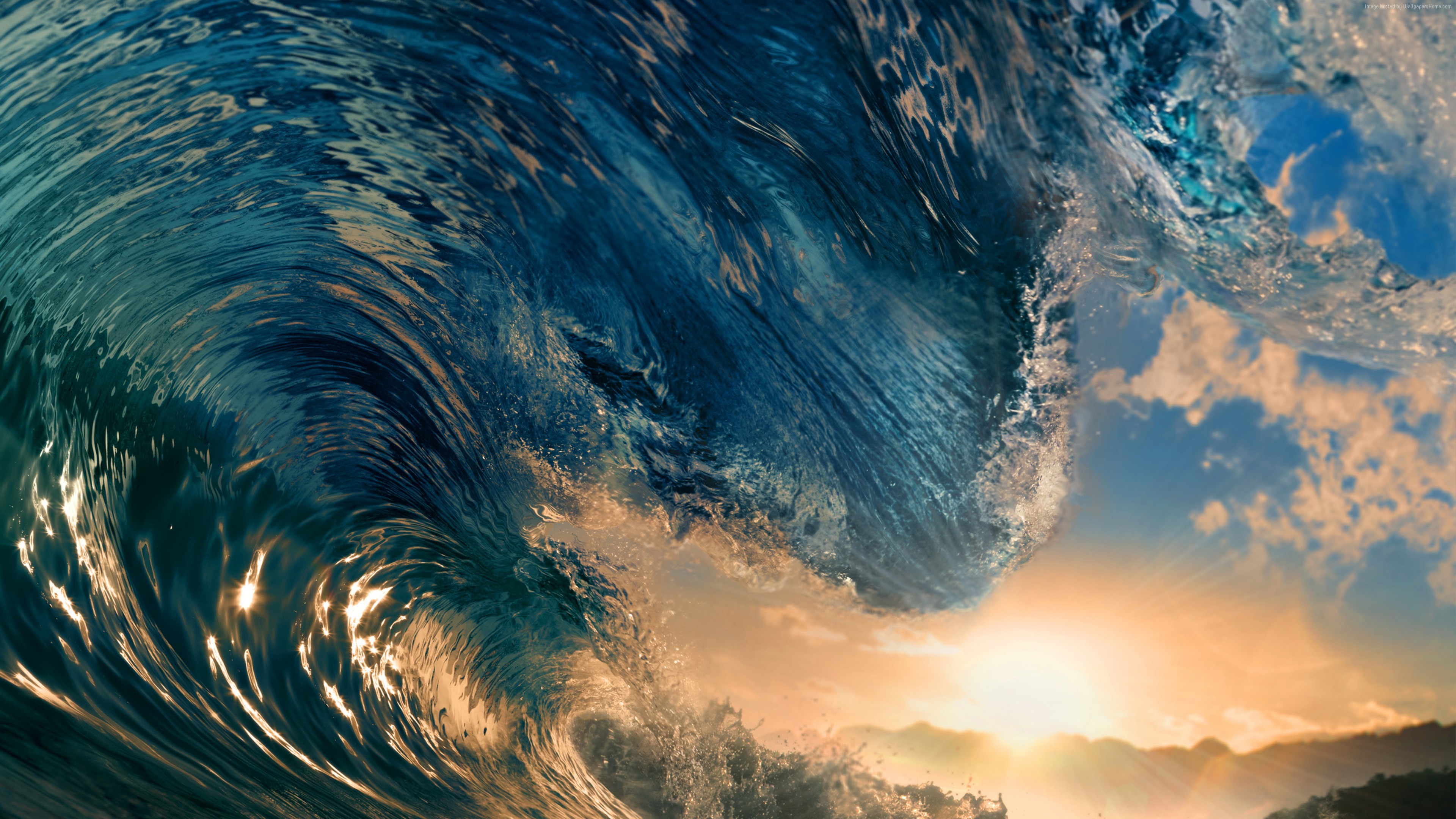超清水 浪 自然 蓝色 大海 日落 阳光 高清壁纸 3840×2160