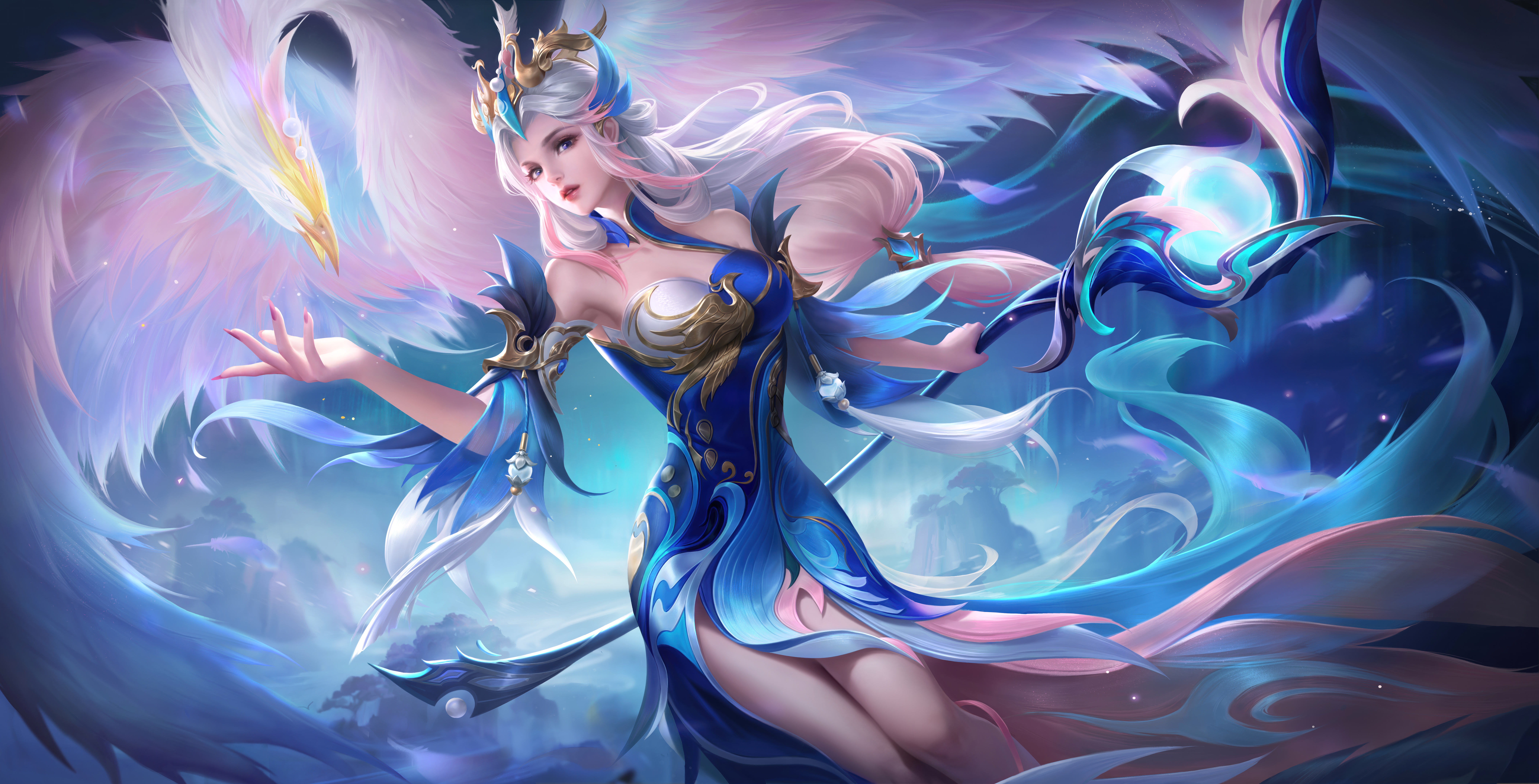 绝美游戏CG 长发 王者荣耀 游戏 动物 羽毛 衣服 壁纸 8477×4320
