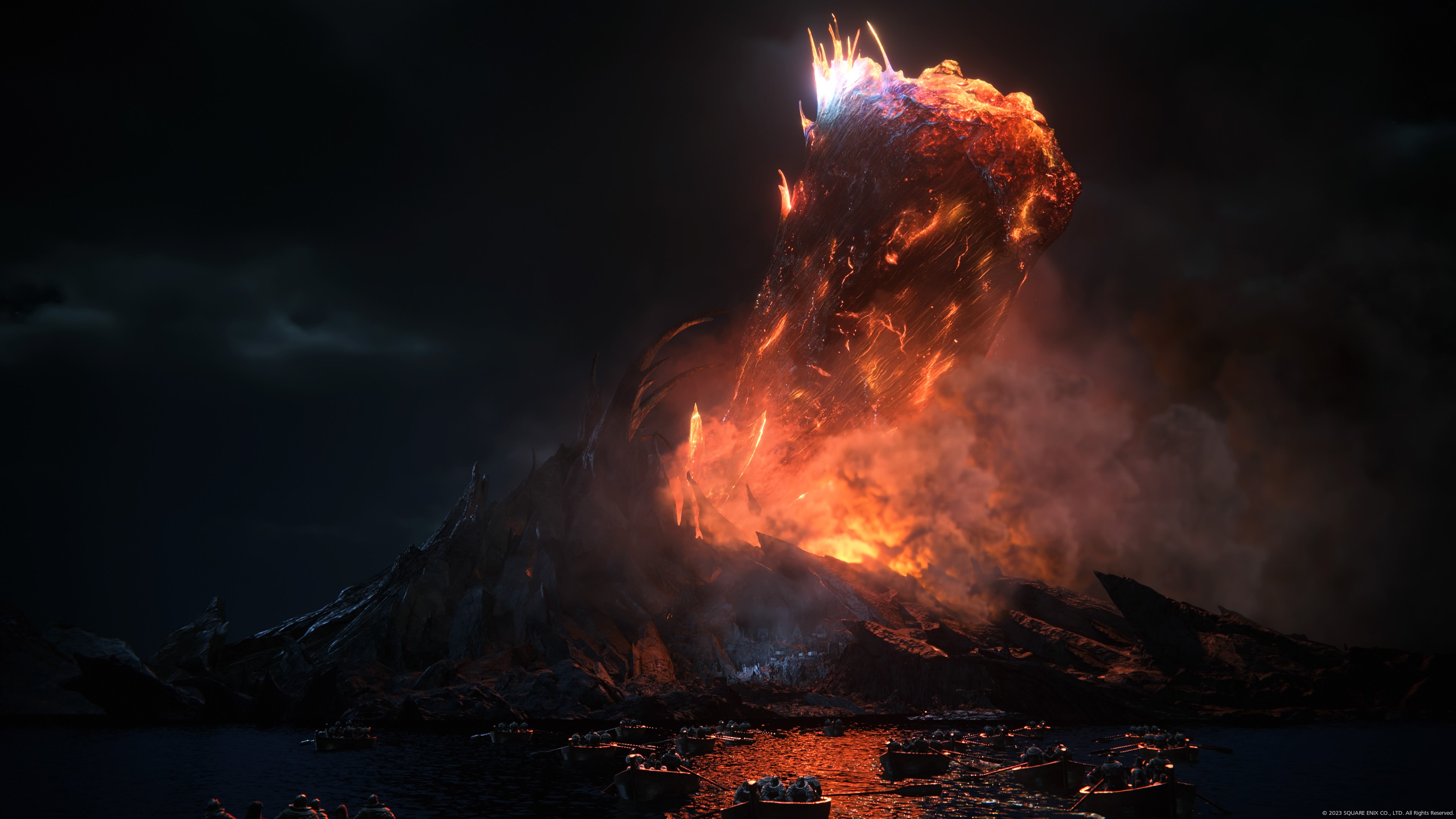 唯美最终幻想 游戏CG 夜晚 火山 烟雾 云 天空 无水印壁纸 3840×2160
