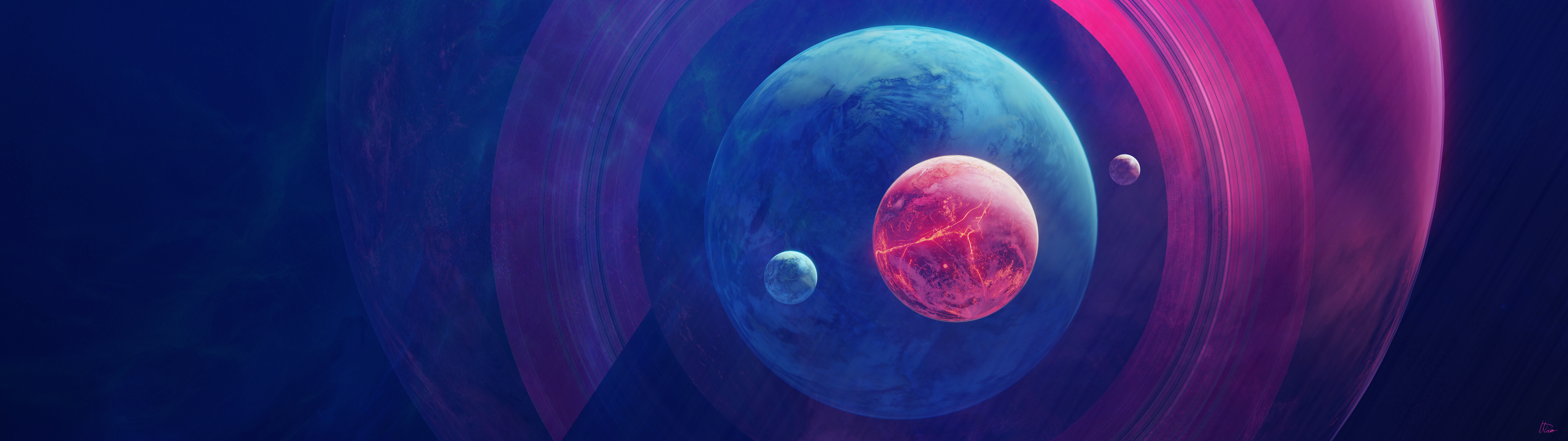 经典冰 熔岩 月球 行星 太空艺术 宇宙 蓝色 太空 AI艺术 插图 宽屏 高清壁纸 7680×2160