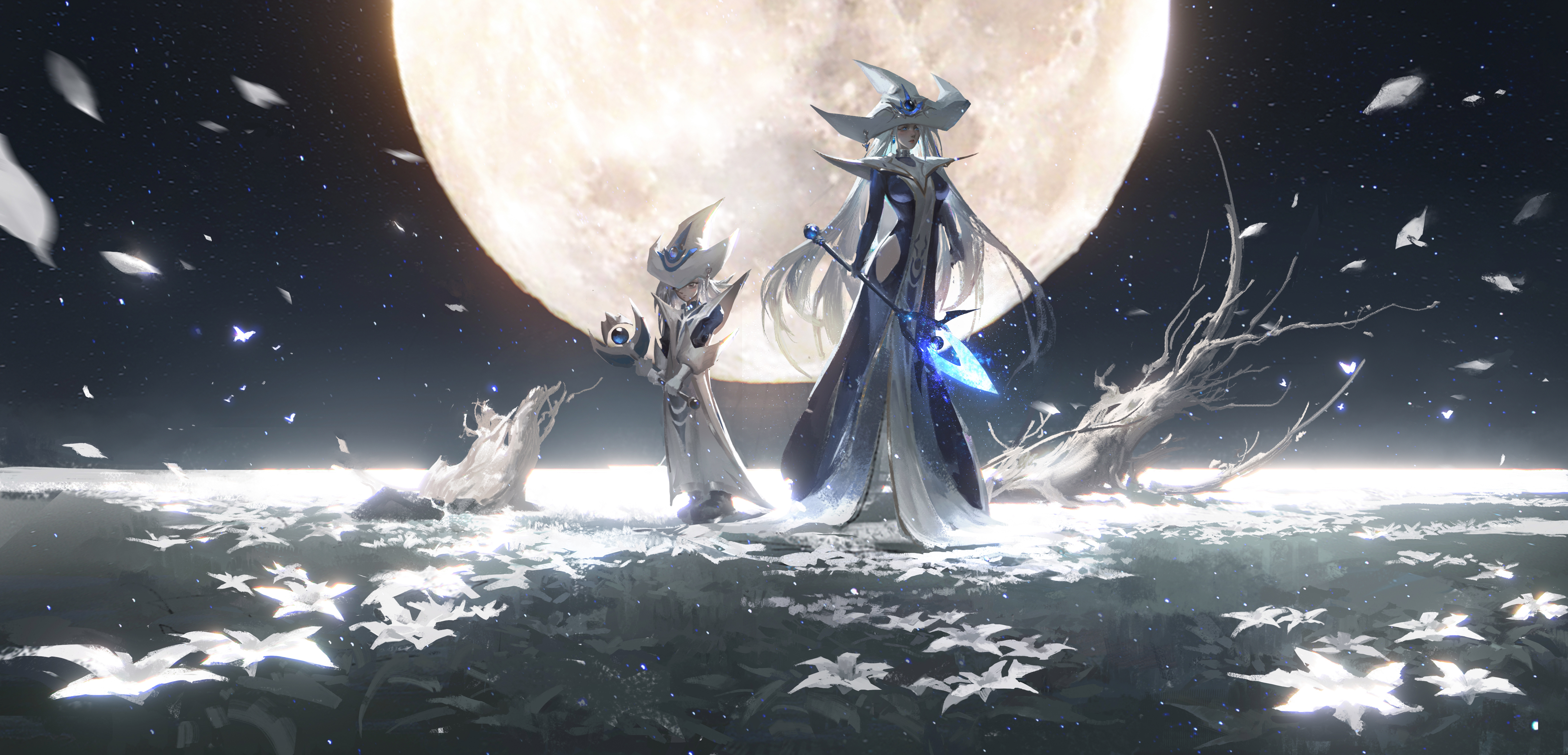热门魔术师 动漫 女孩 月亮 花瓣 花朵 AI艺术 高清壁纸 5500×2649