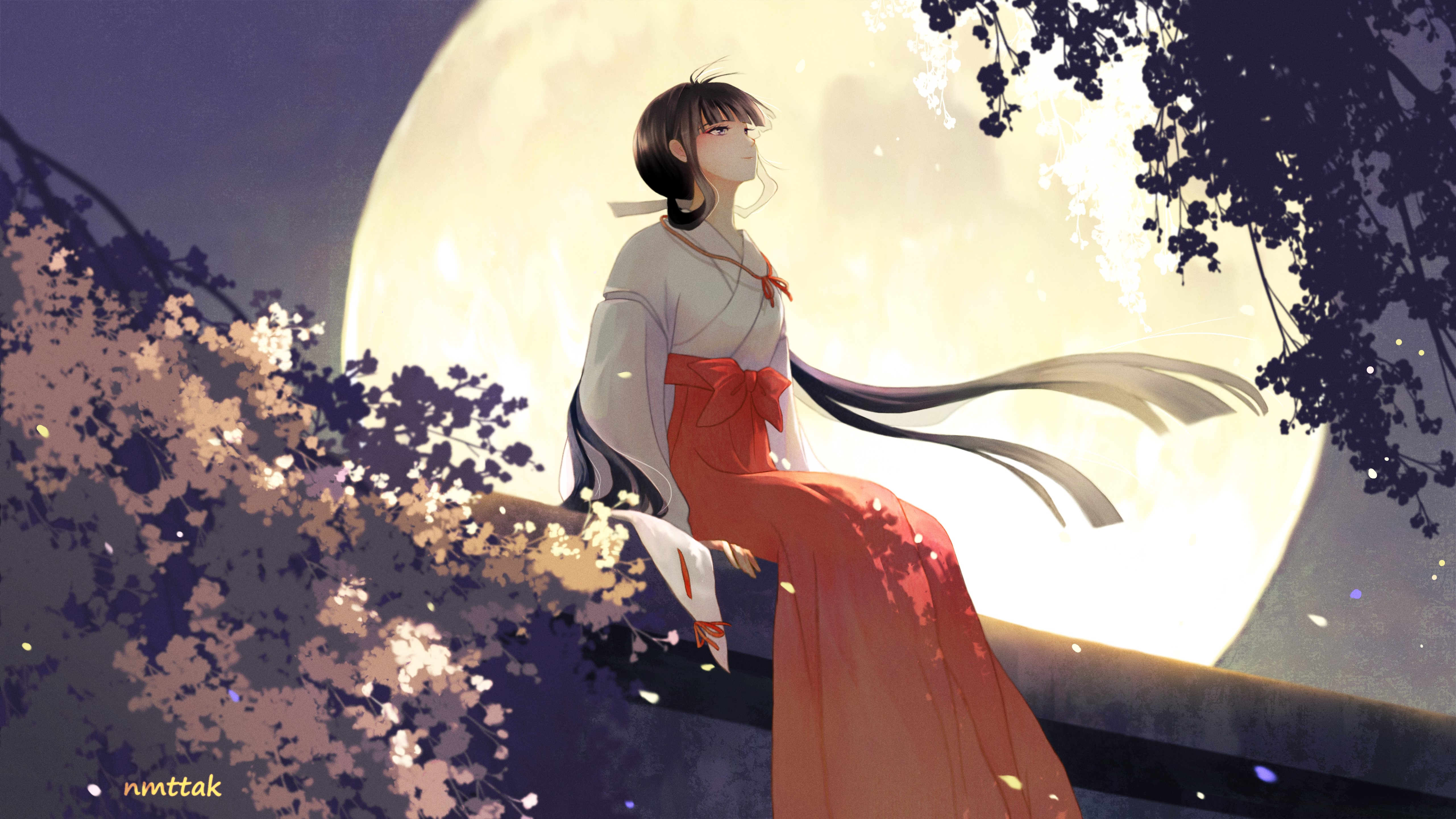 高清坐着 长发 抬头 动漫 动漫女孩 犬夜叉 月 夜 月光 手机壁纸 5123×2881