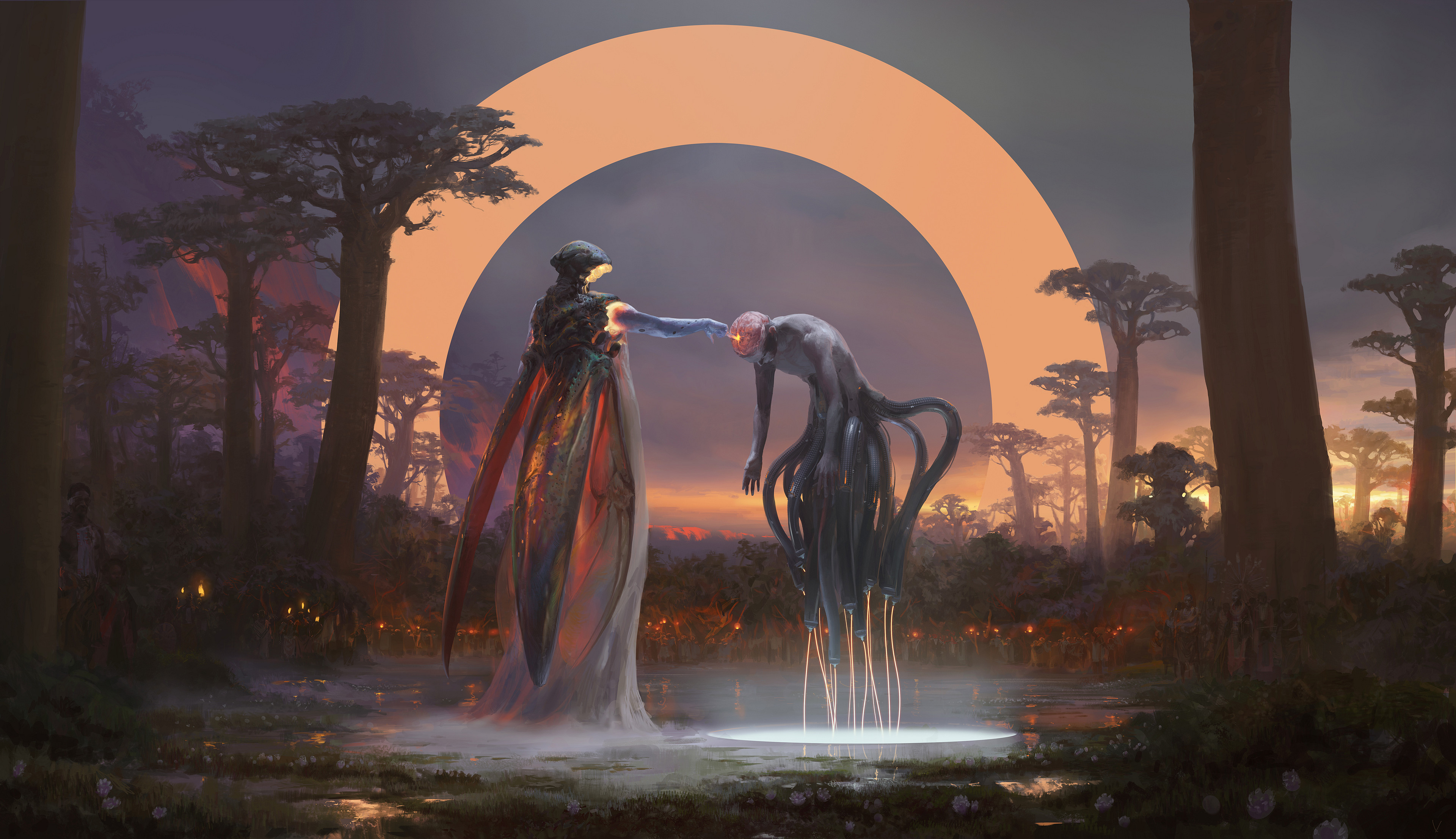 绚丽科幻小说 AI艺术 机器人 触手 沼泽 草原 壁纸 3840×2212