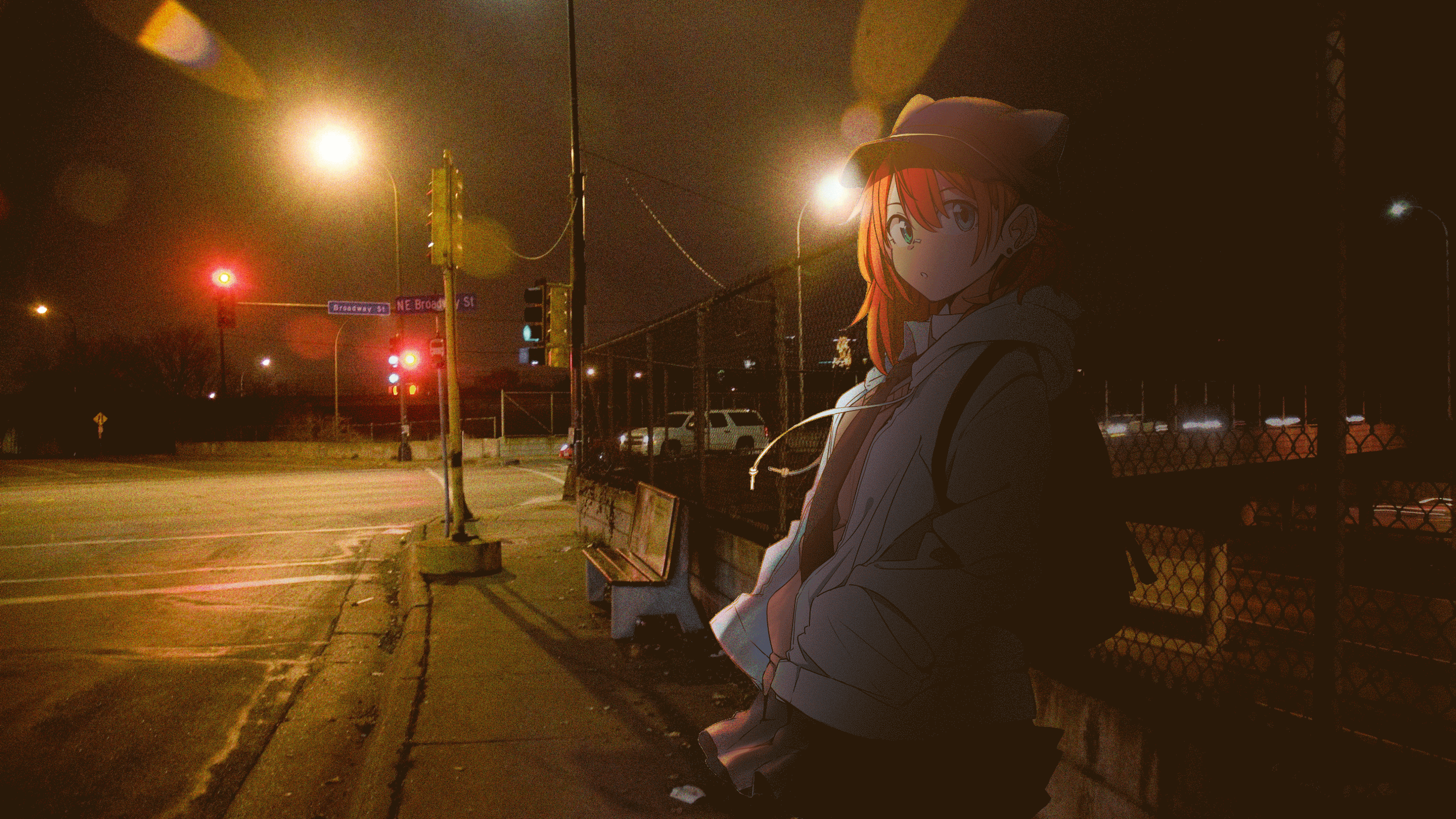 超清游戏 动漫 动漫女孩 帽子 猫耳 夜晚 马路 路灯 无水印壁纸 3840×2160