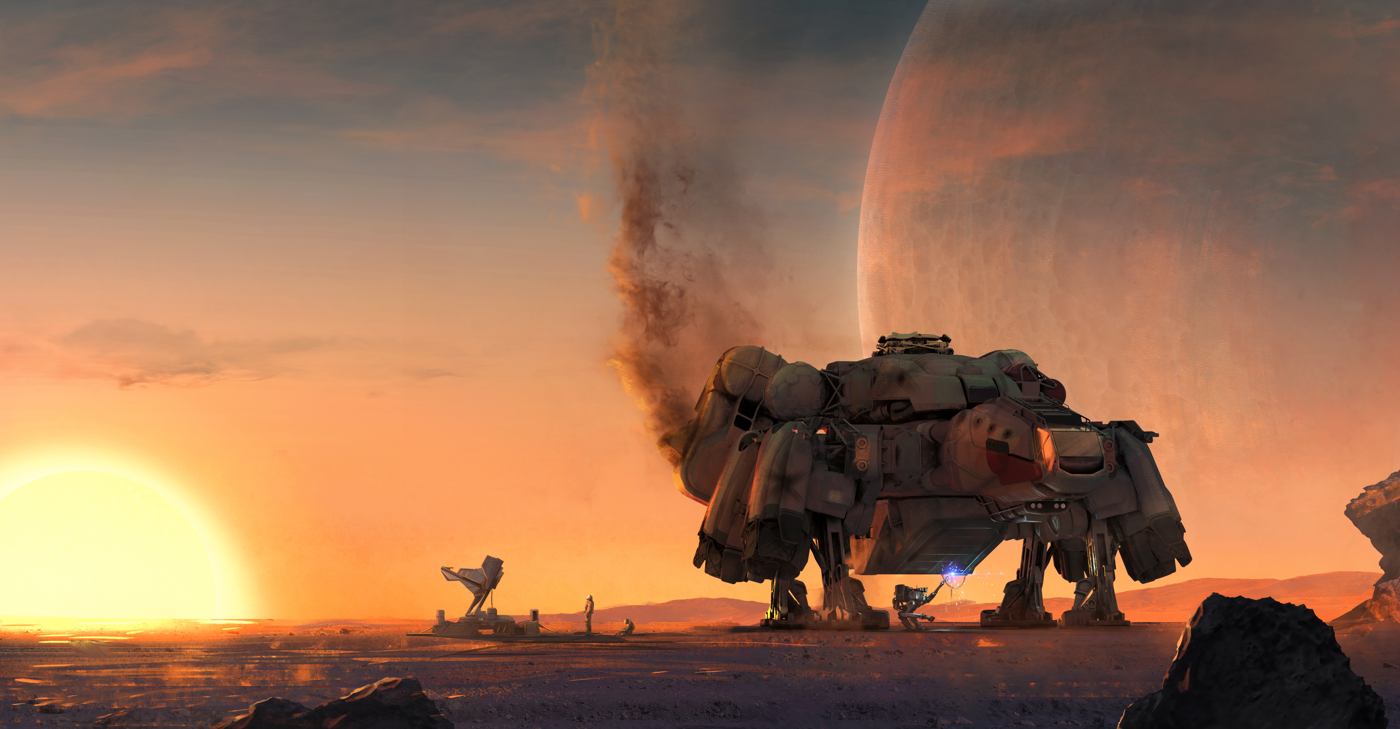 概念艺术 游戏CG 宇宙飞船 日落 机器人 行星 壁纸 5800×3021