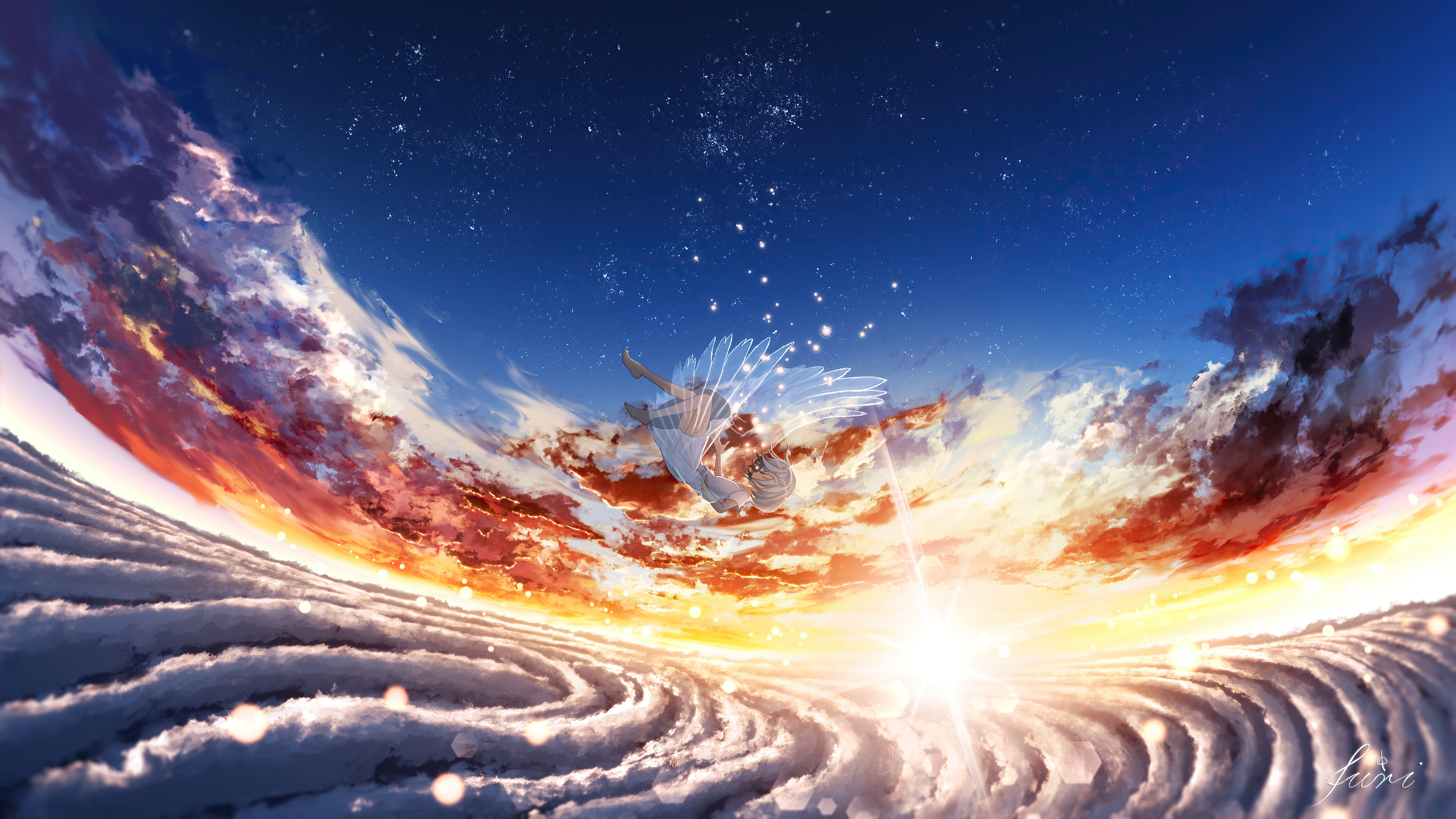 高清飘落 白发 动漫 翅膀 云 日落 星空 星星 天使 动漫女孩 无水印壁纸 7680×4320