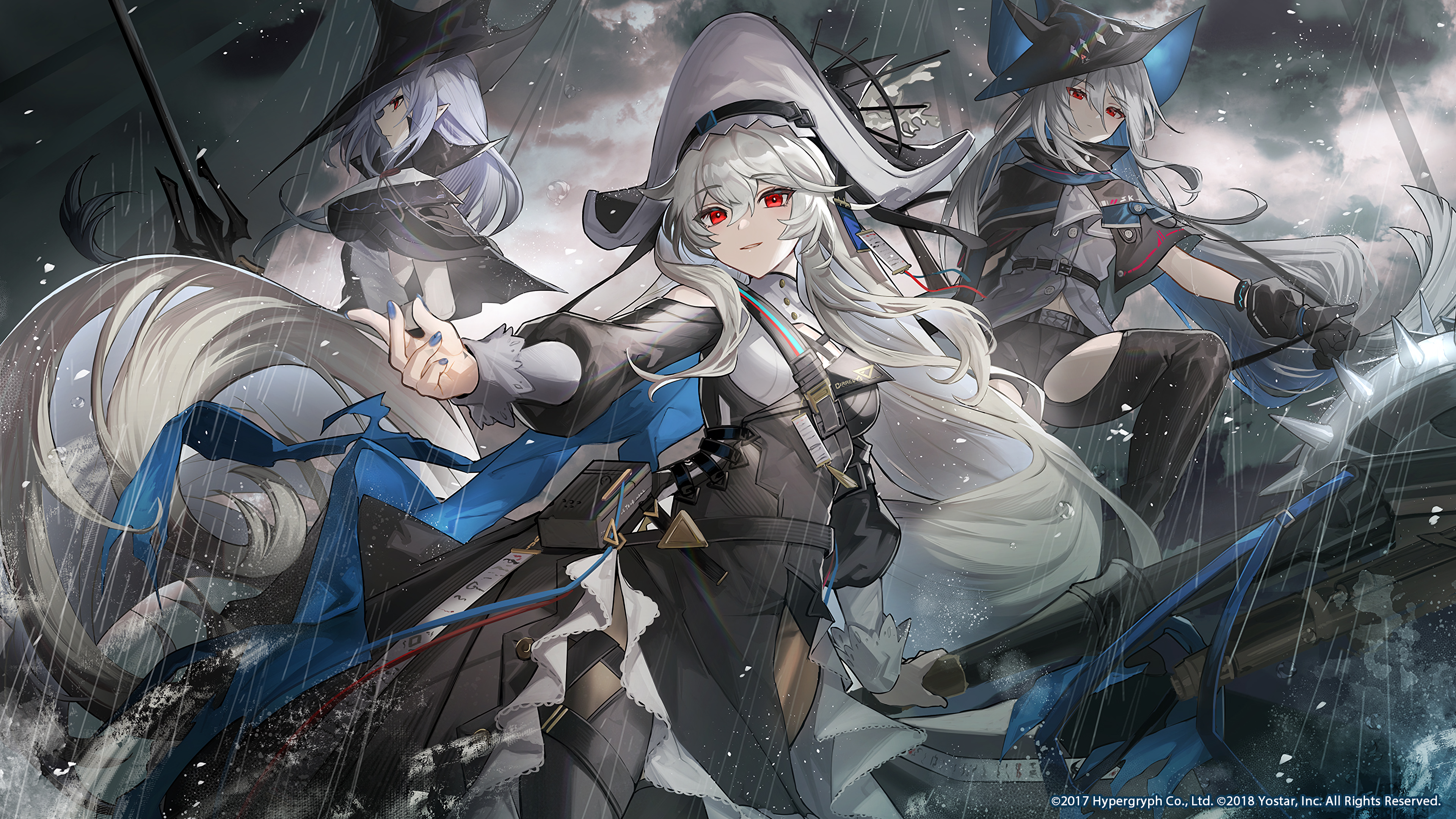 长发 微笑 红眼睛 白发 武士 幽灵 动漫女孩 帽子 手套 雨 魔女 壁纸 3840×2160