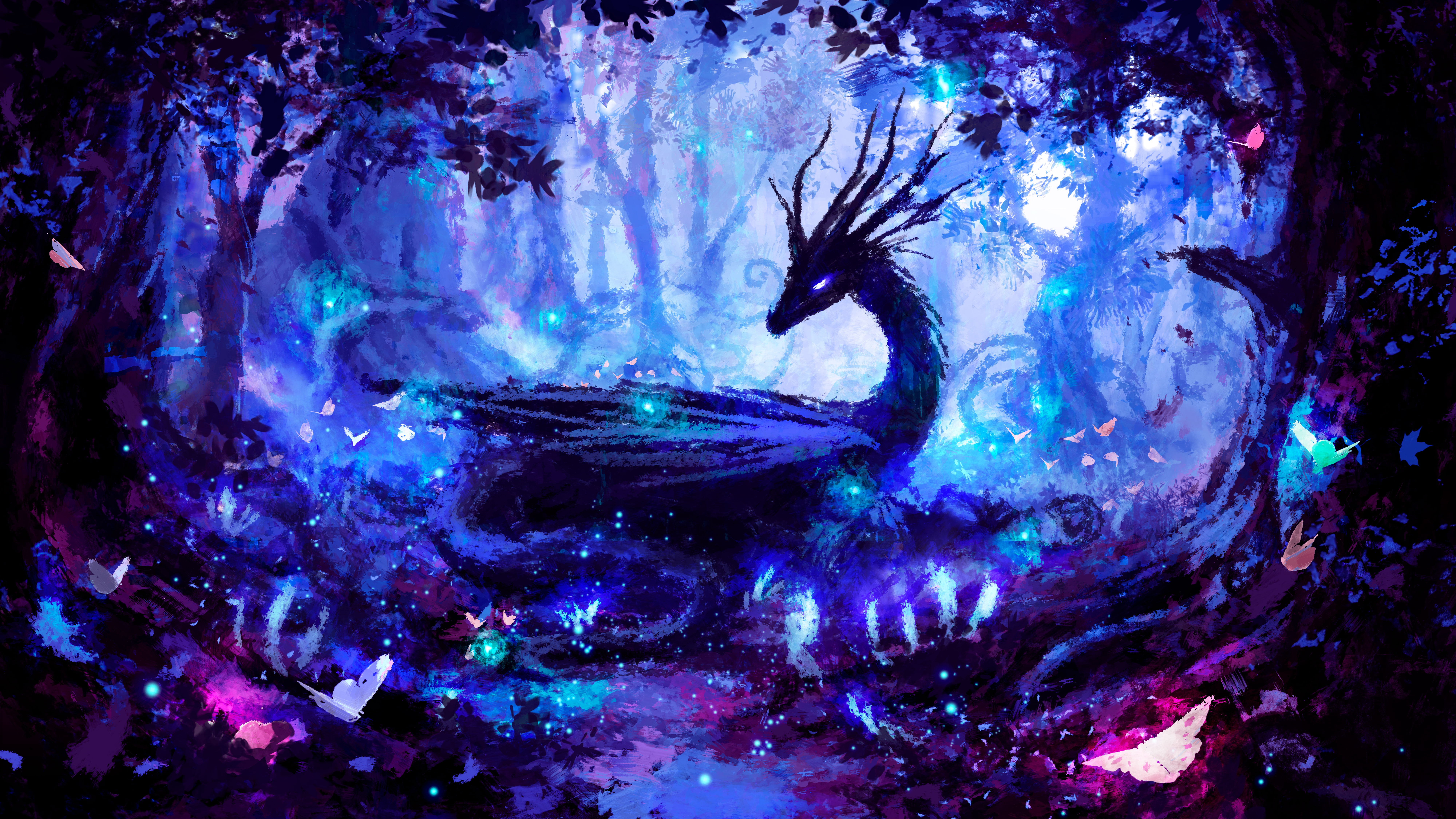 热门AI艺术 彩色 图片 灯光 龙 森林 夜 魔法 树 角 粉色 蓝色 夜晚 生物 蝴蝶 薄雾 萤火虫 水彩 高清壁纸 8000×4500