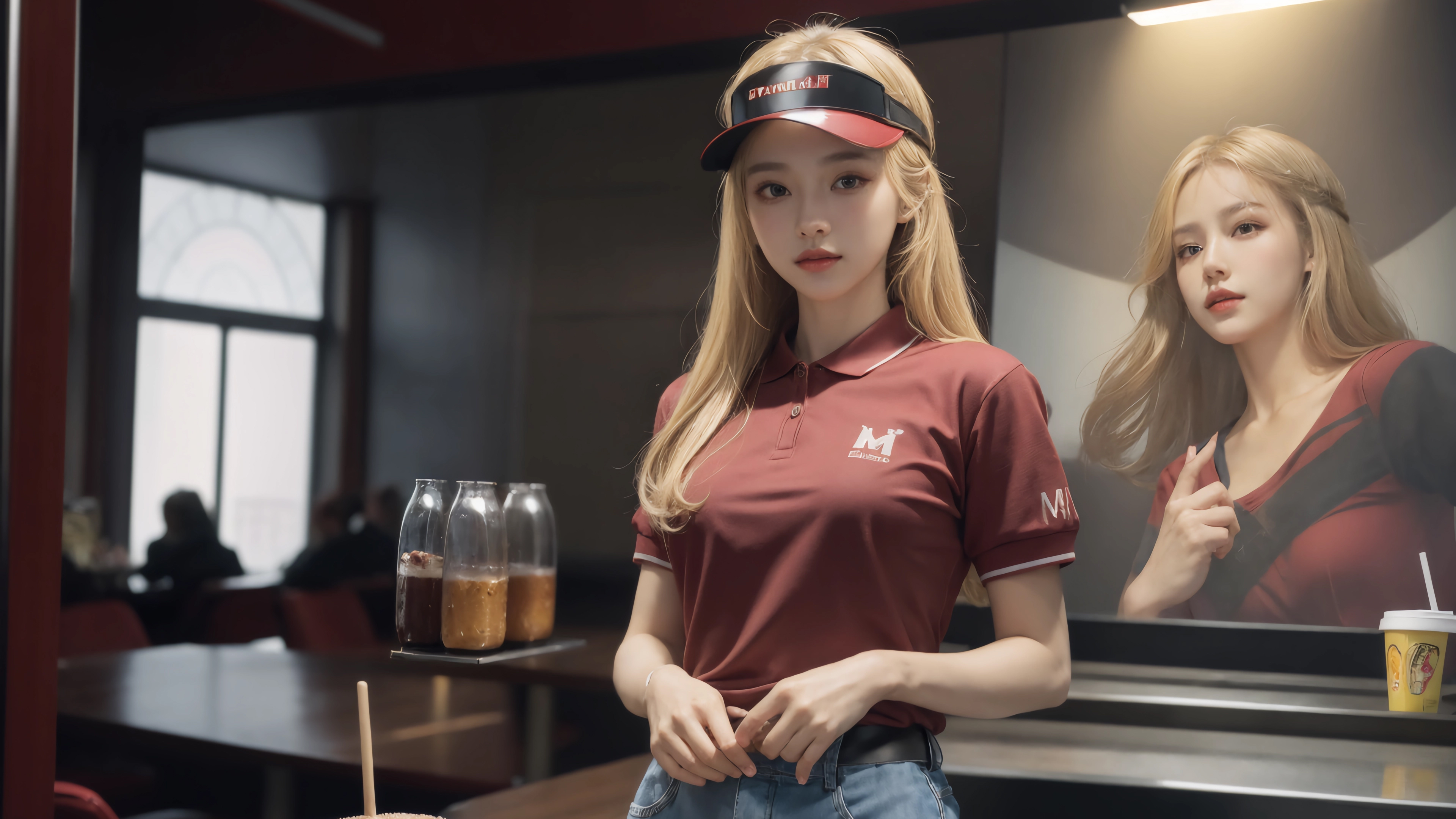 金发 亚洲 女人 餐厅 人工智能 帽子 制服 饮料 灯光 壁纸 3840×2160