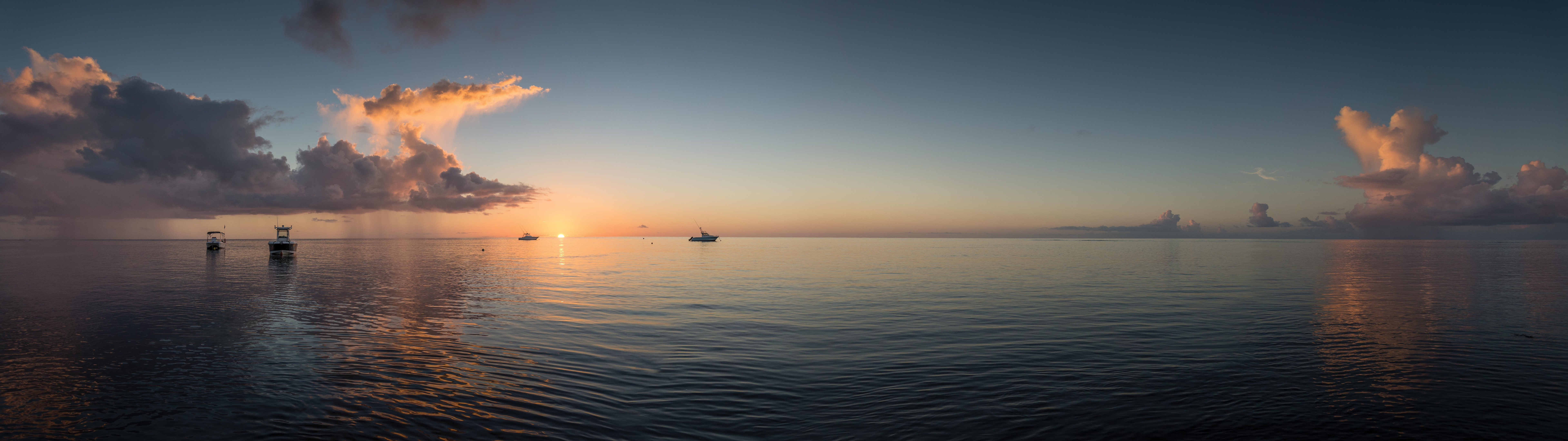 景观 海 地平线 日落 云 自然 船 全景 4K壁纸 7680×2160