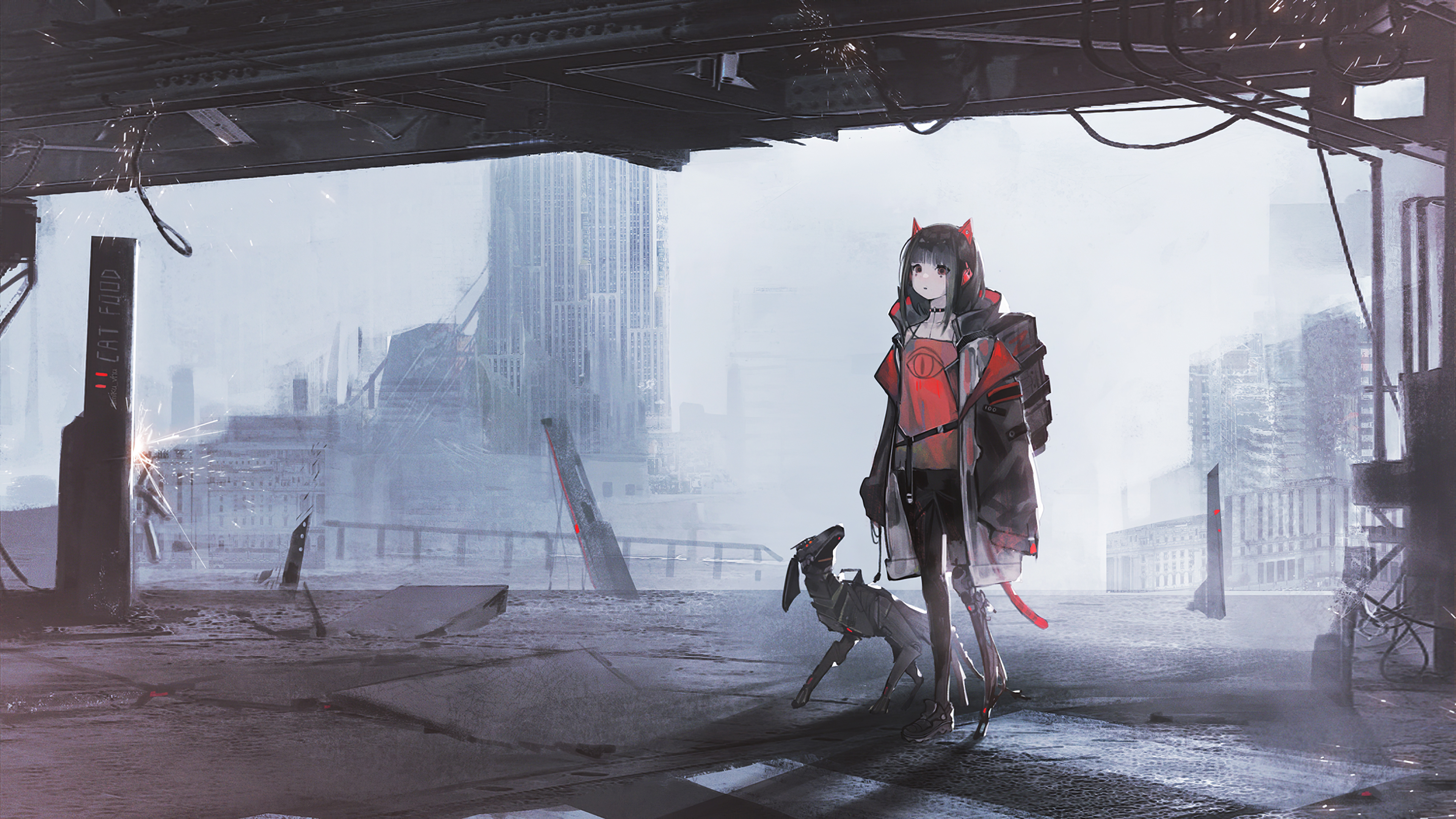 超清红眼 动漫女孩 动漫 黑发 狗 赛博朋克 桌面壁纸 3840×2160