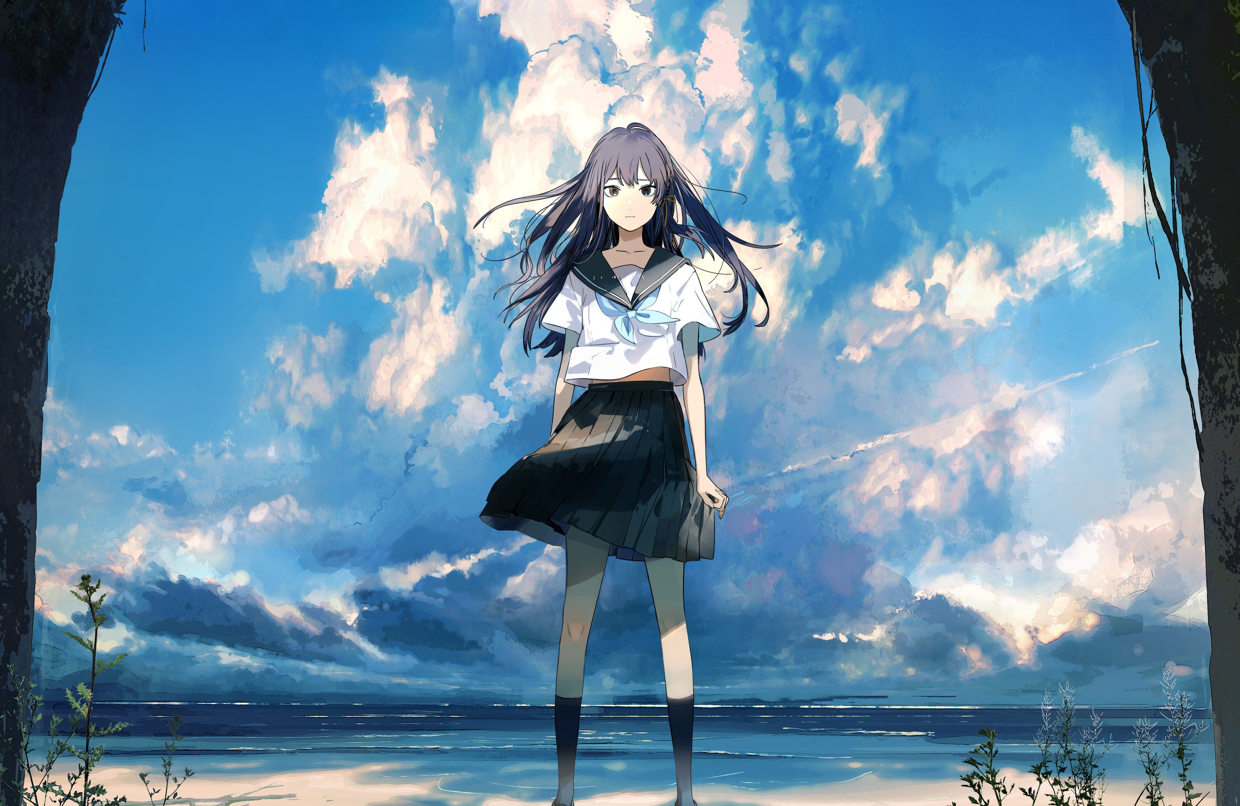 动漫 动漫女孩 海滩 天空 校服 4K高清壁纸 4000×2600