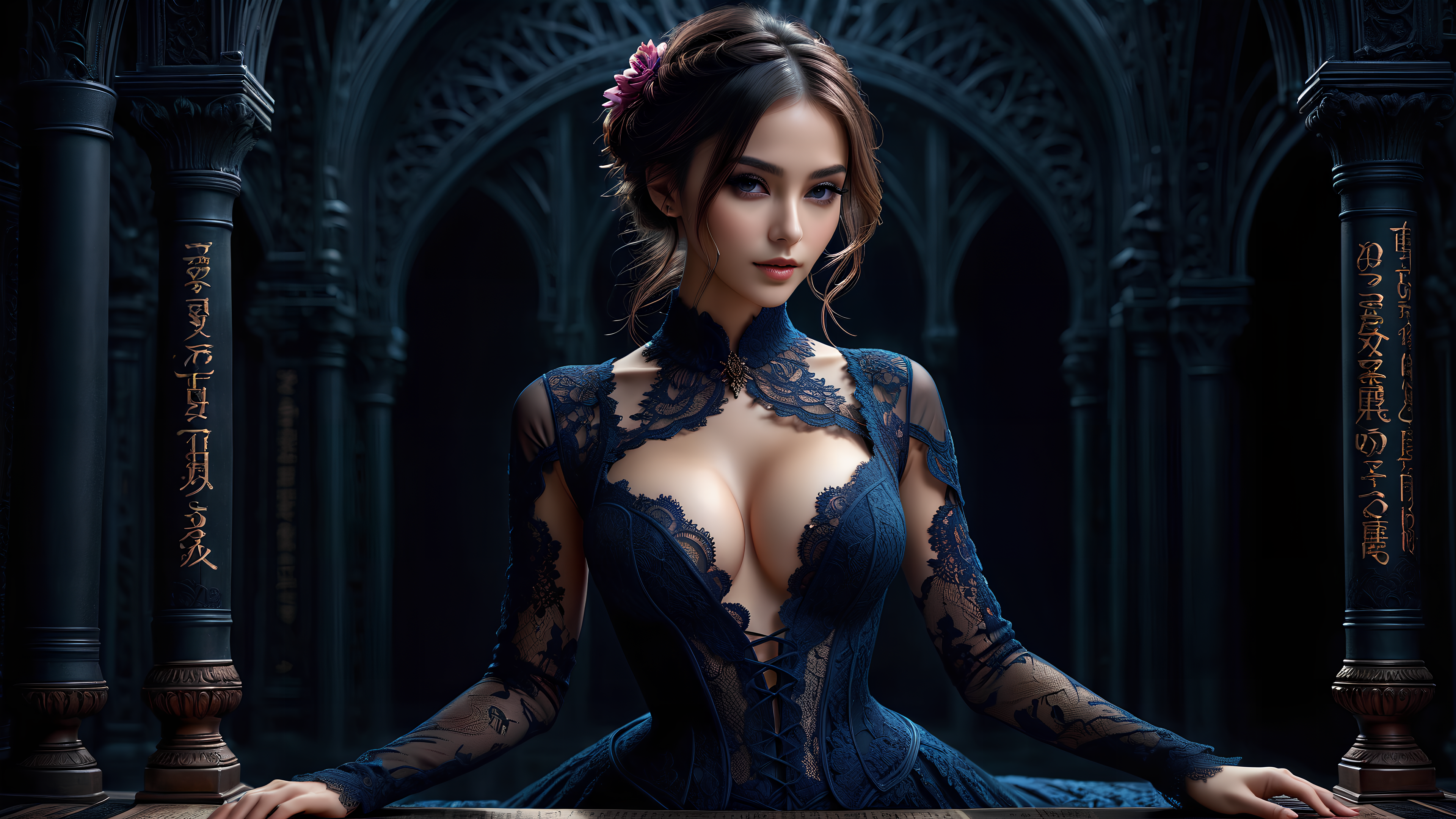 女性 短发 嘴唇 艺术 AI艺术 女孩 女人 盘发 柱子 栏杆 壁纸 3840×2160