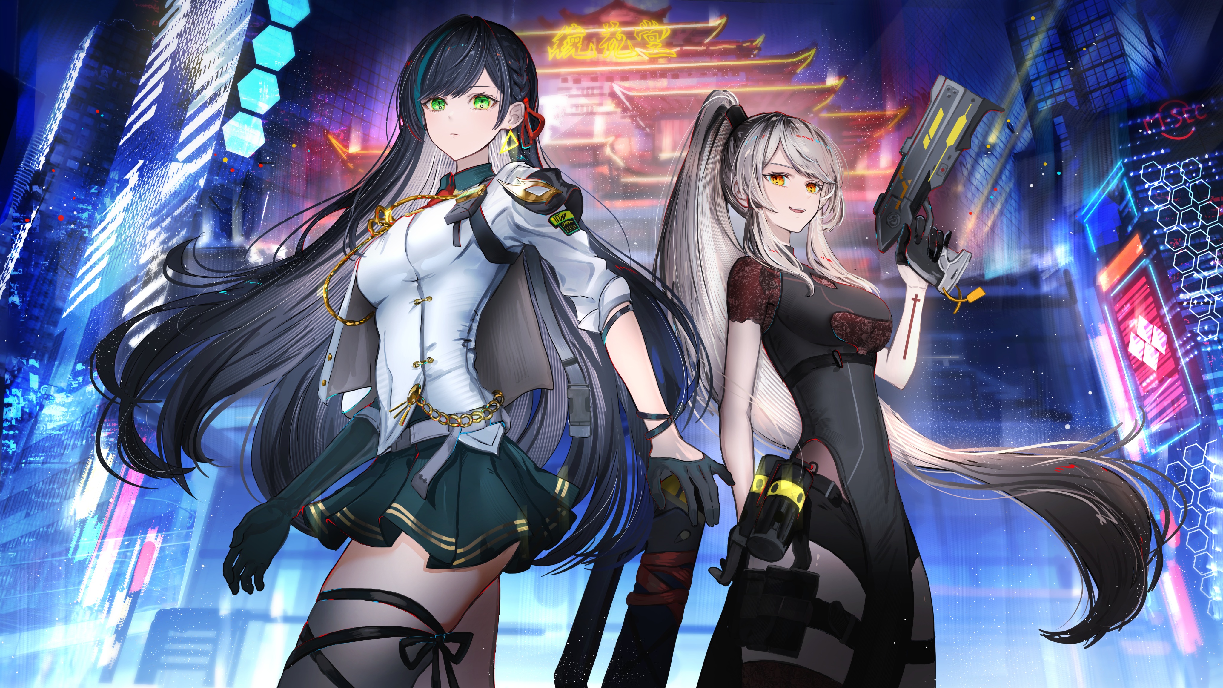 热门枪 马尾辫 幻想塔 女孩 动漫 动漫女孩 手套 城市灯光 壁纸 4096×2304