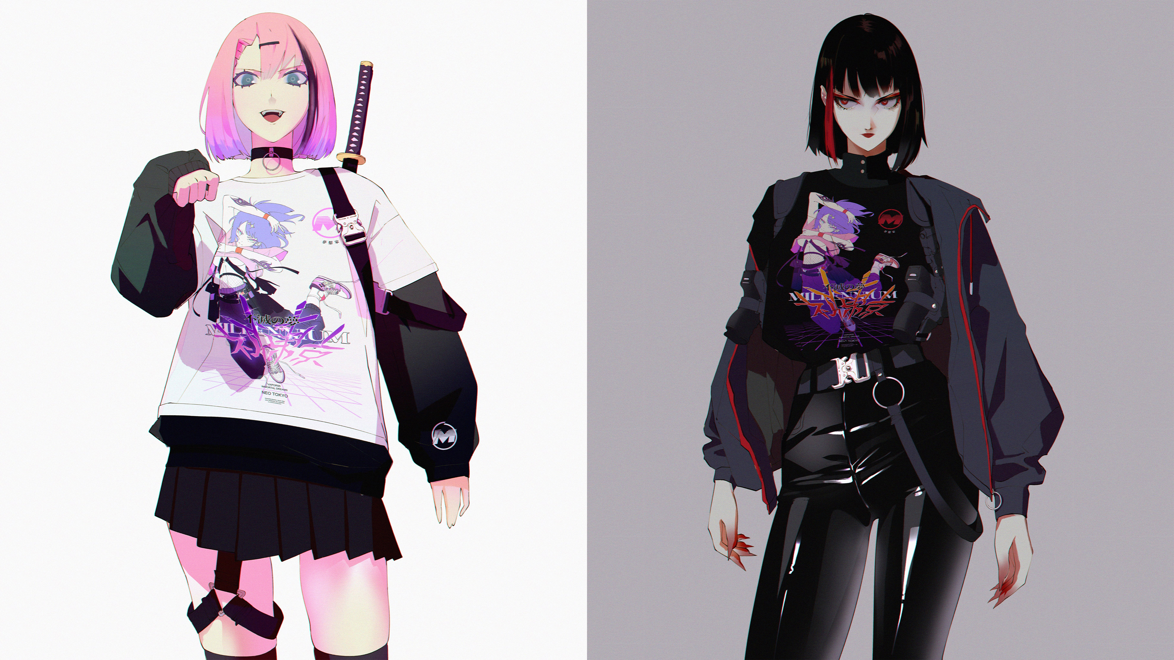 热门粉色头发 蓝色眼睛 红色眼睛 原创人物 动漫 动漫女孩 AI艺术 黑发 项链 剑 夹克 长袖 裙子 大腿高 红色口红 枪 皮套 腰带 高清壁纸 3840×2160
