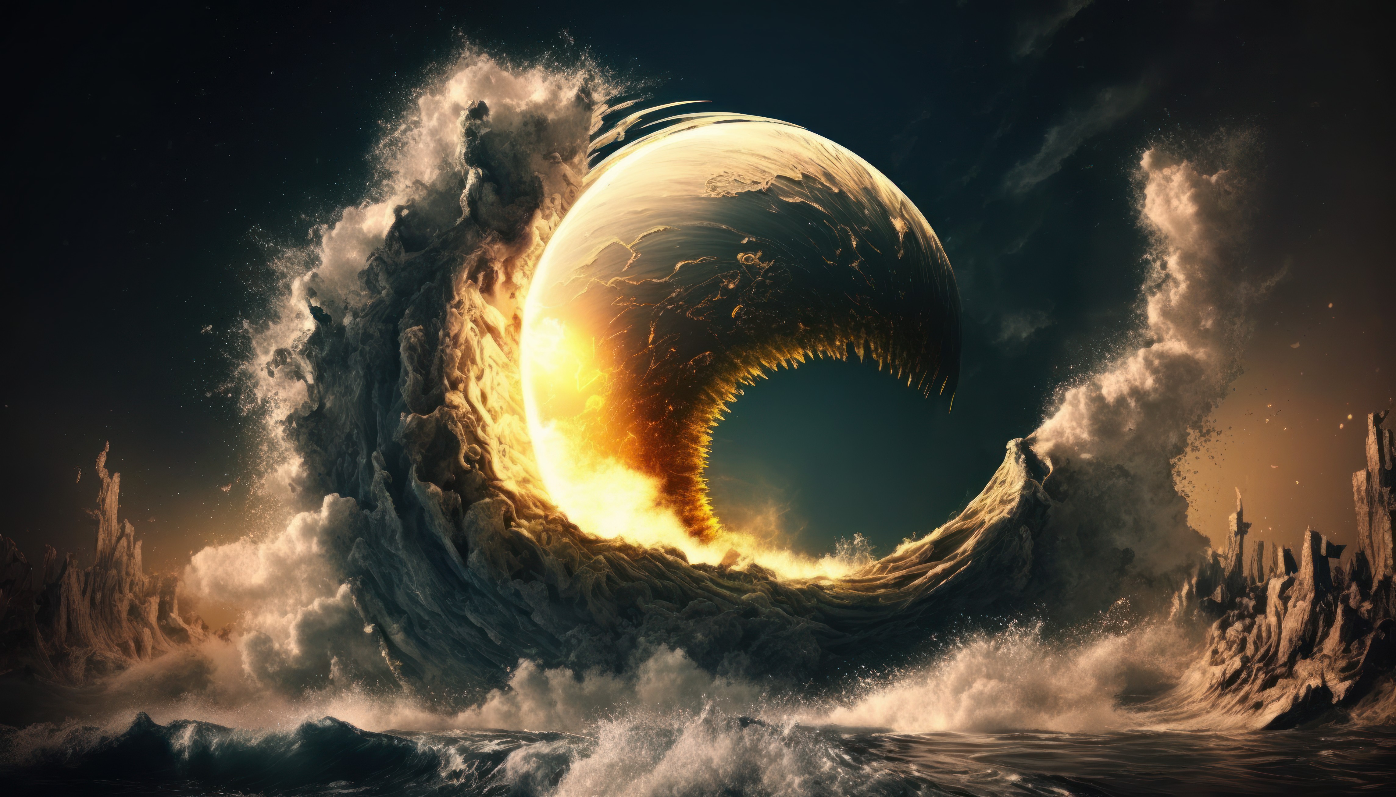 艺术 插图 月亮 波浪 碰撞 海 水 4K壁纸 4579×2616