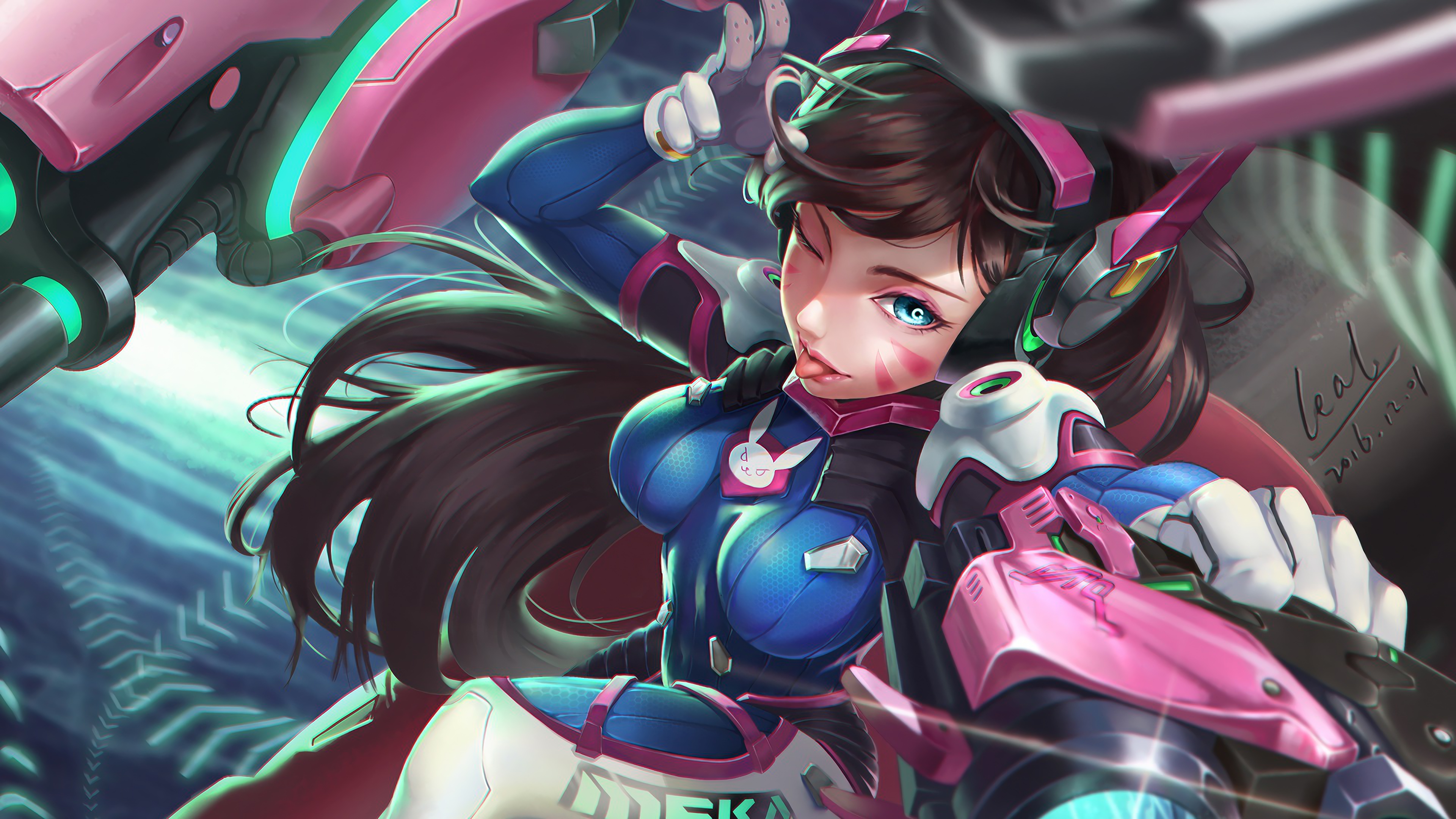 舌头 长发 蓝眼睛 黑发 女孩 枪 守望先锋 武器 AI艺术 无水印壁纸 3840×2160