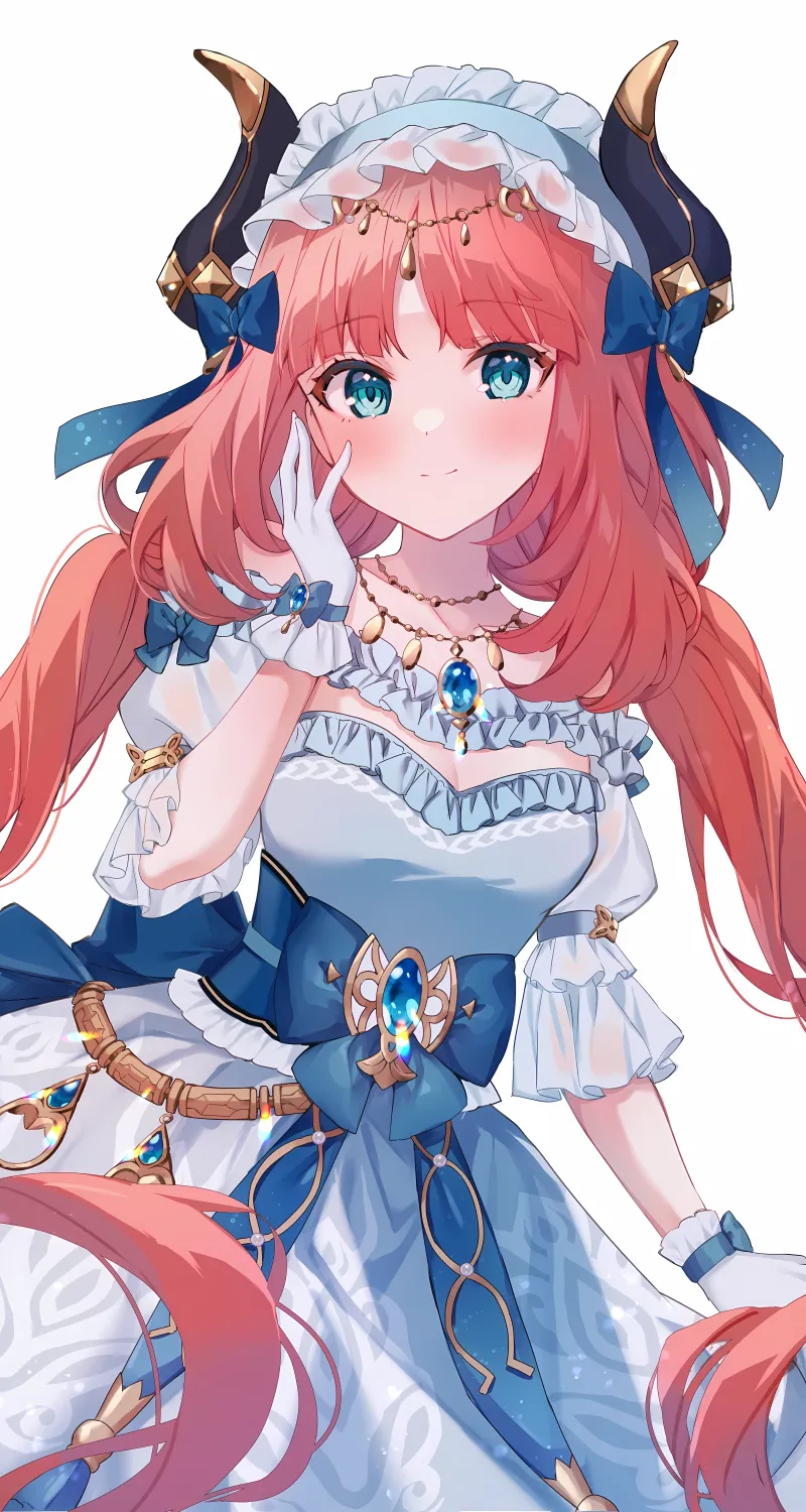 原神 长头发 红发 蓝眼睛 站立 动画 女孩 手套 项链 领结 连衣裙 极简主义 白色背景 简单背景 手机 壁纸 5788×9388