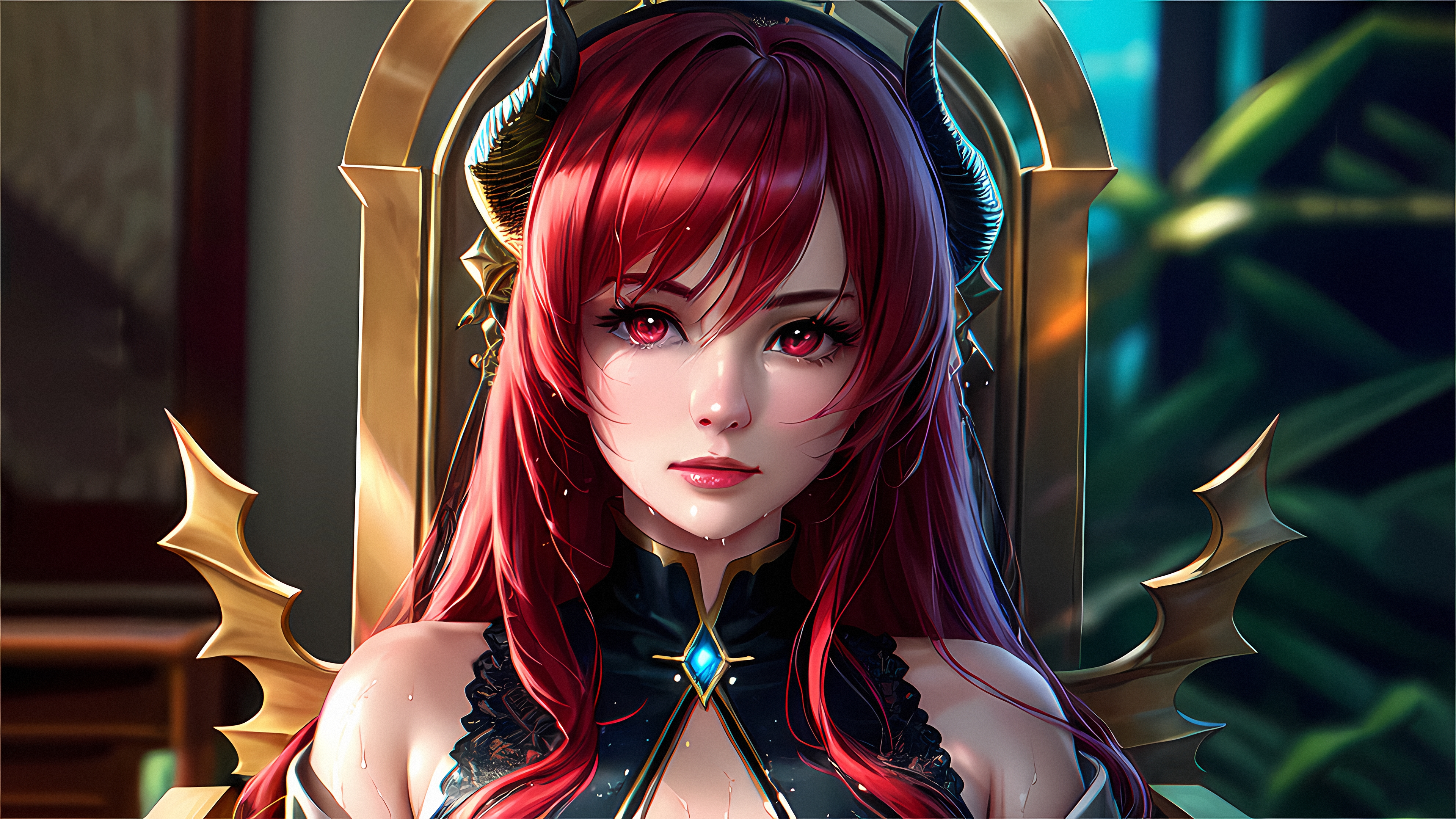 超清女性 龙女 艺术 喇叭 动漫 女人 龙角 王座 高清壁纸 3840×2160