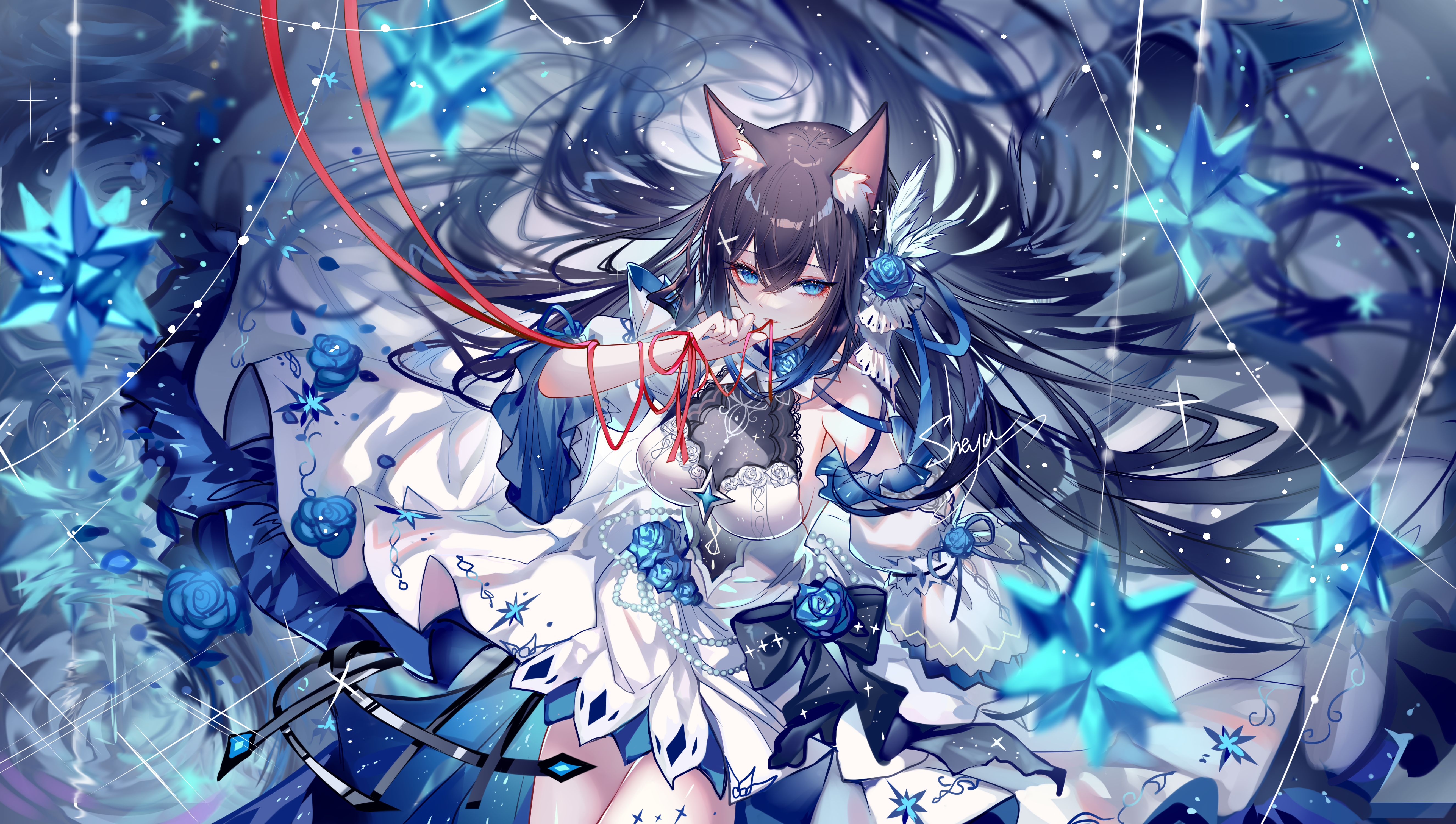 狐狸耳朵 狐耳 长发 动漫 女孩 狐狸女孩 狐女 裙子 花 4K高清壁纸 5300×3000